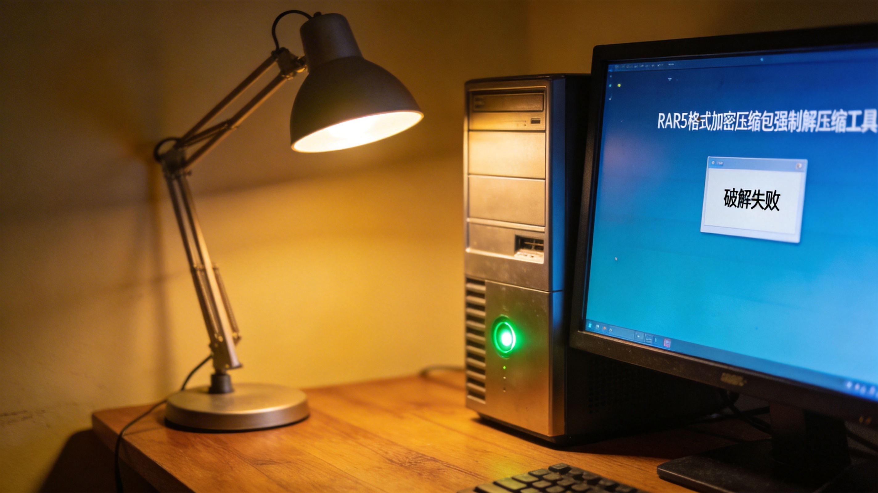 台式机电脑桌，屏幕显示RAR5格式加密压缩包强制解压缩工具界面，界面显示破解失败提示框，机箱指示灯亮着，台灯暖光
