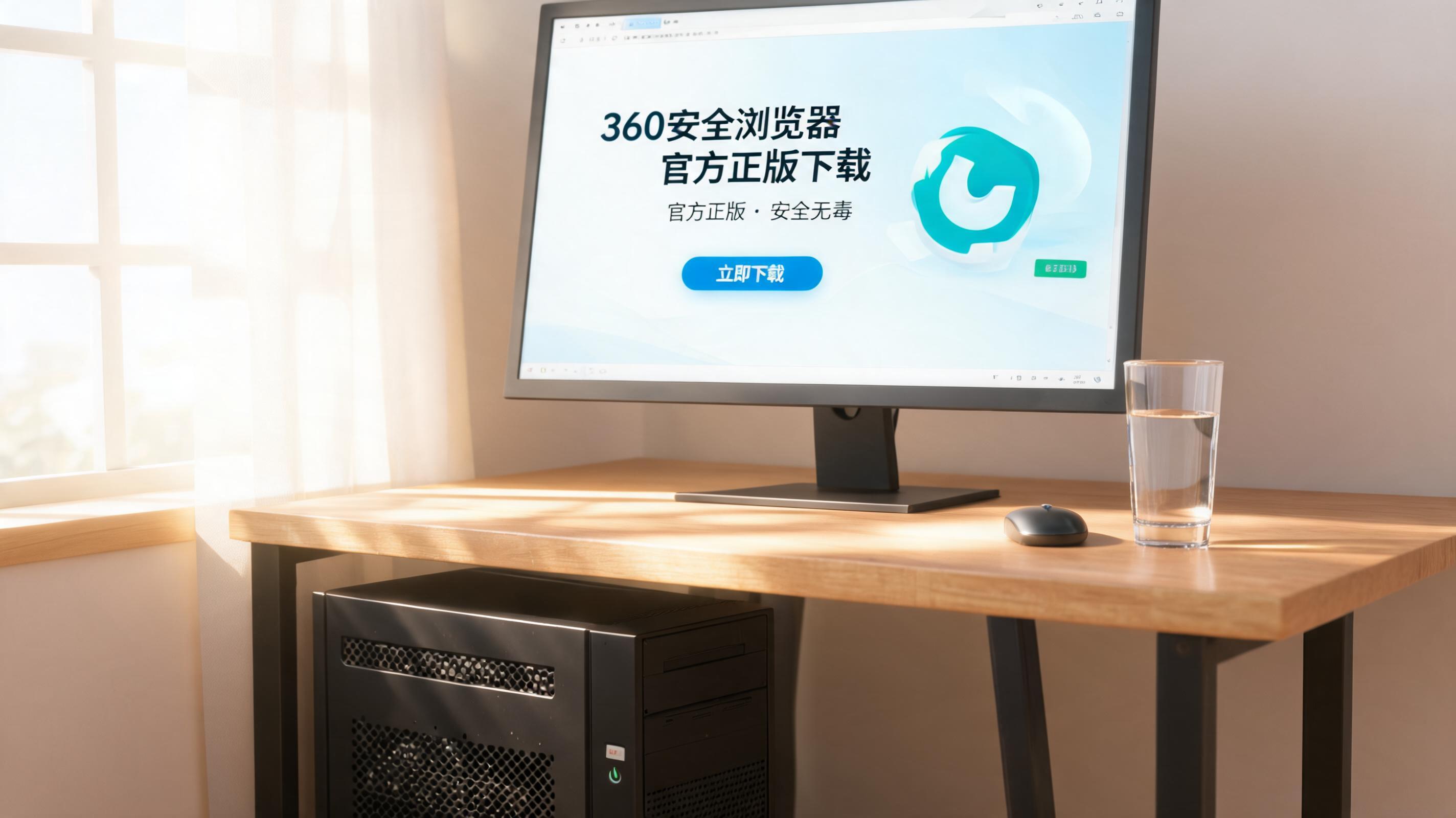 书桌上的主机，屏幕显示360 浏览器官方正版下载设置界面，桌角放着水杯，自然光