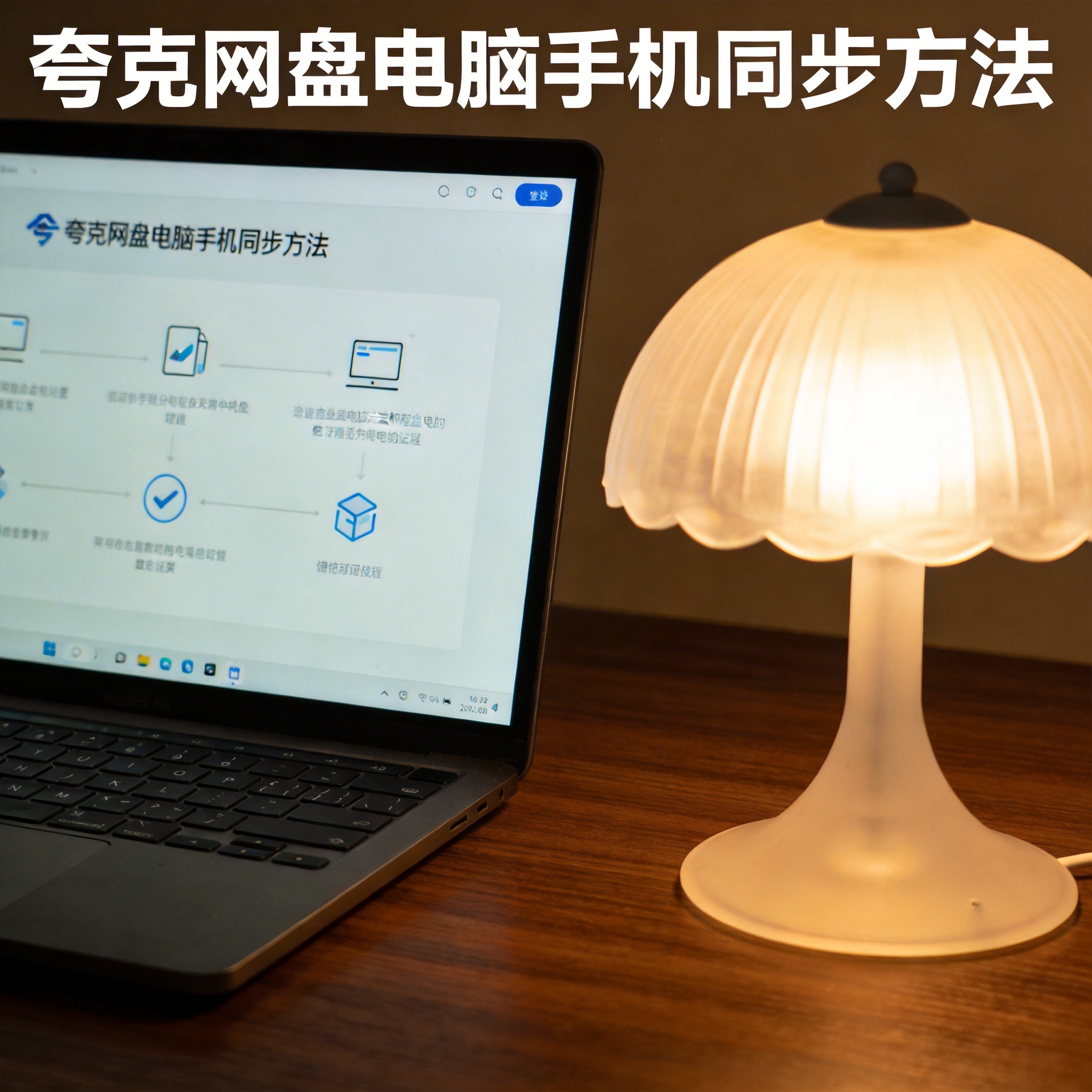 电脑桌上的电脑，屏幕显示夸克网盘电脑手机同步方法界面，旁边放着台灯