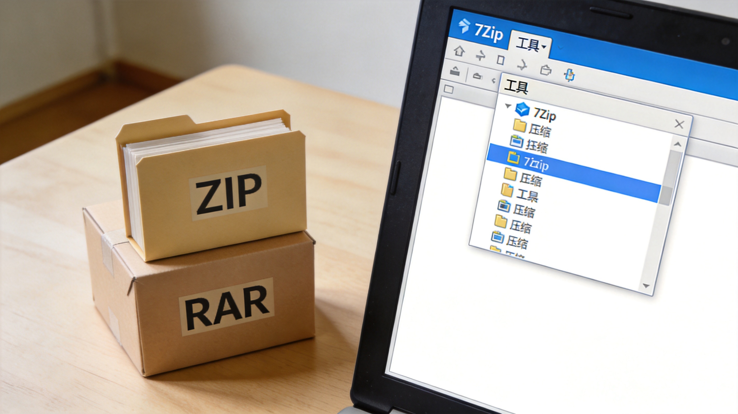 电脑桌面放着ZIP、RAR格式的压缩包，屏幕显示7Zip软件的菜单栏，工具选项处于展开状态，室内自然光