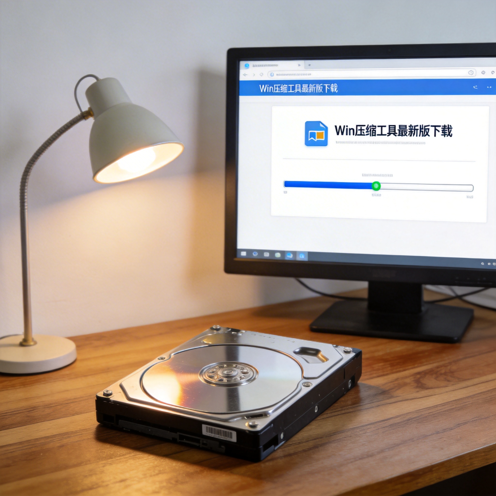 电脑桌上的硬盘，屏幕显示win 压缩工具最新版下载界面，旁边放着台灯