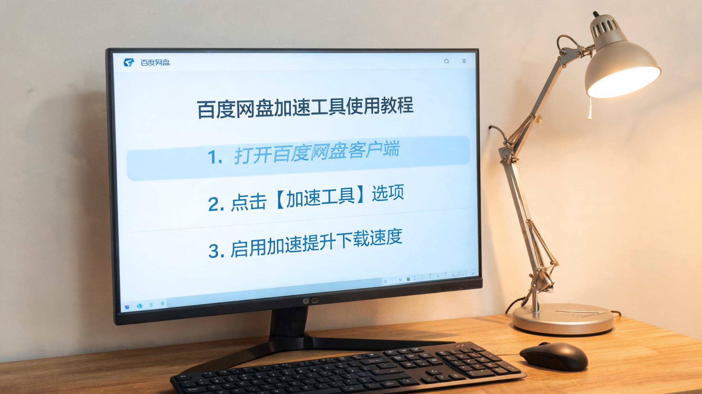电脑桌上的电脑，屏幕显示百度网盘加速工具使用教程桌面，旁边放着台灯
