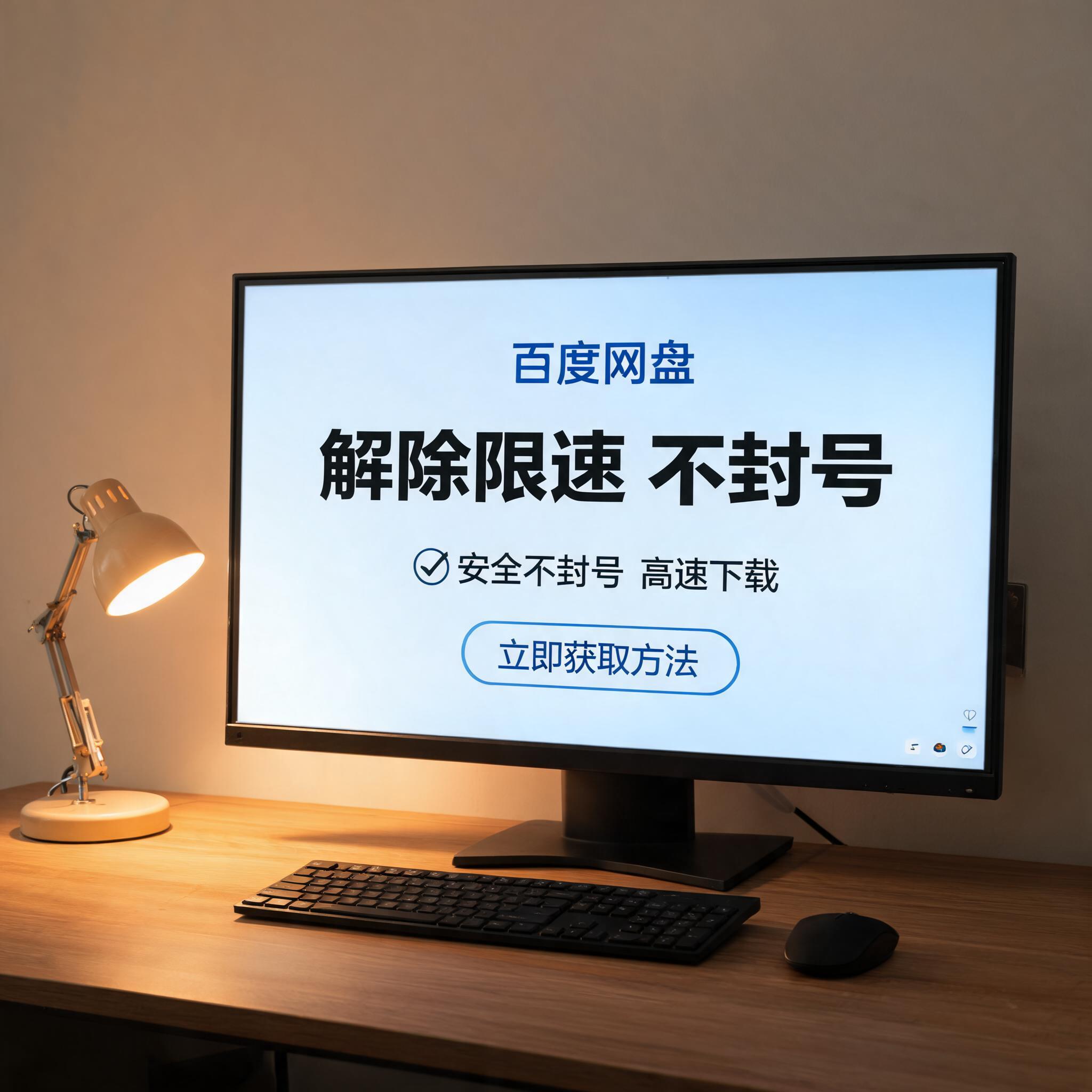 电脑桌上的电脑，屏幕显示百度网盘解除限速不封号界面，旁边放着台灯