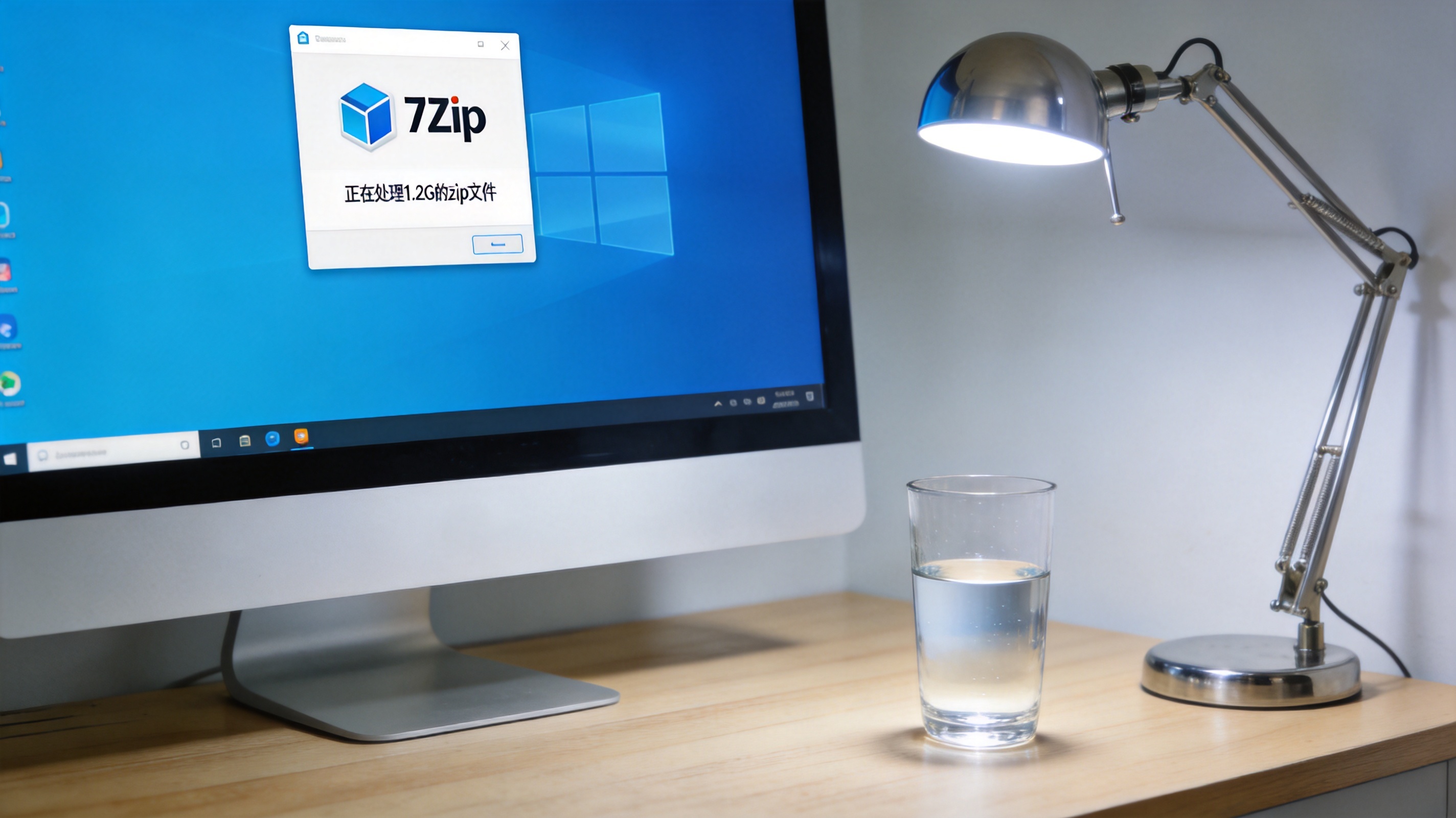 书桌的Windows系统电脑，屏幕显示7Zip软件界面，正在处理1.2G的zip文件，旁边放着普通透明水杯，台灯冷光