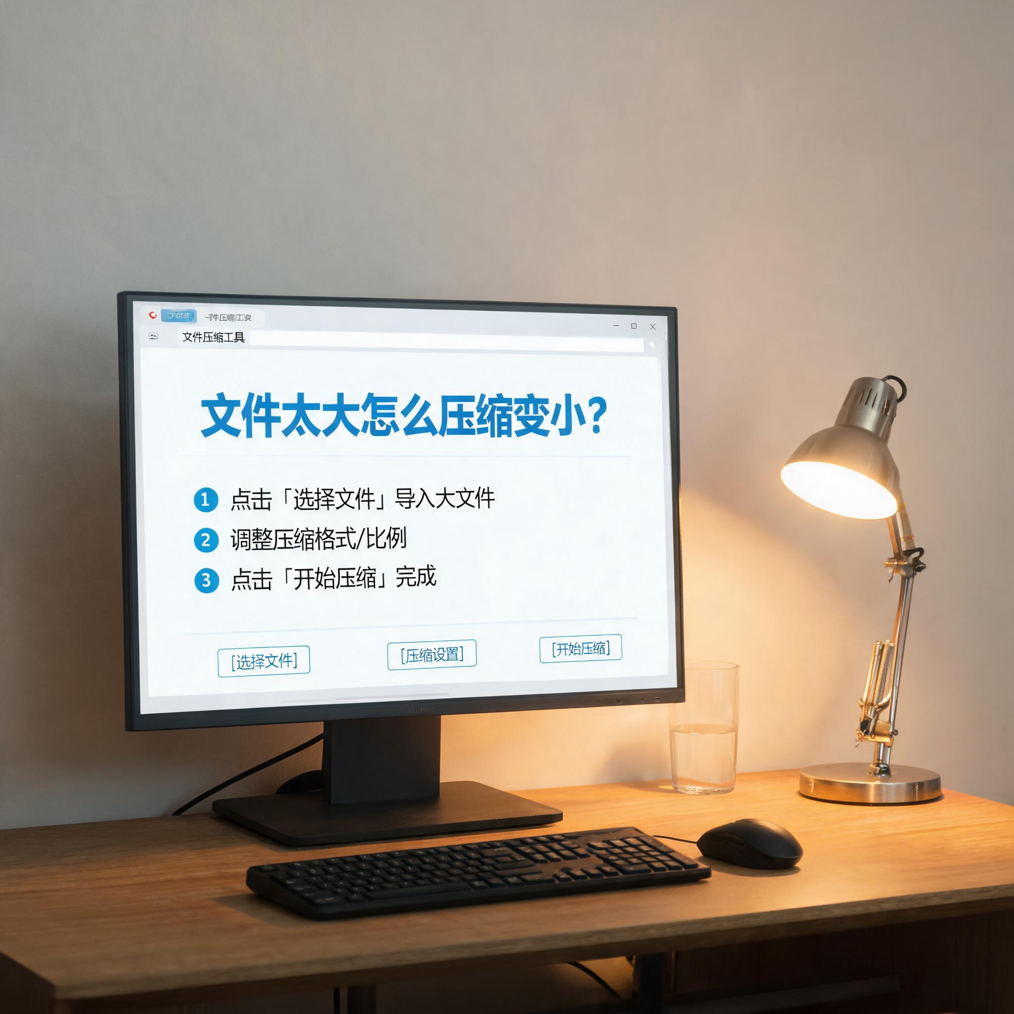 电脑桌上的电脑，屏幕显示文件太大怎么压缩变小界面，旁边放着台灯
