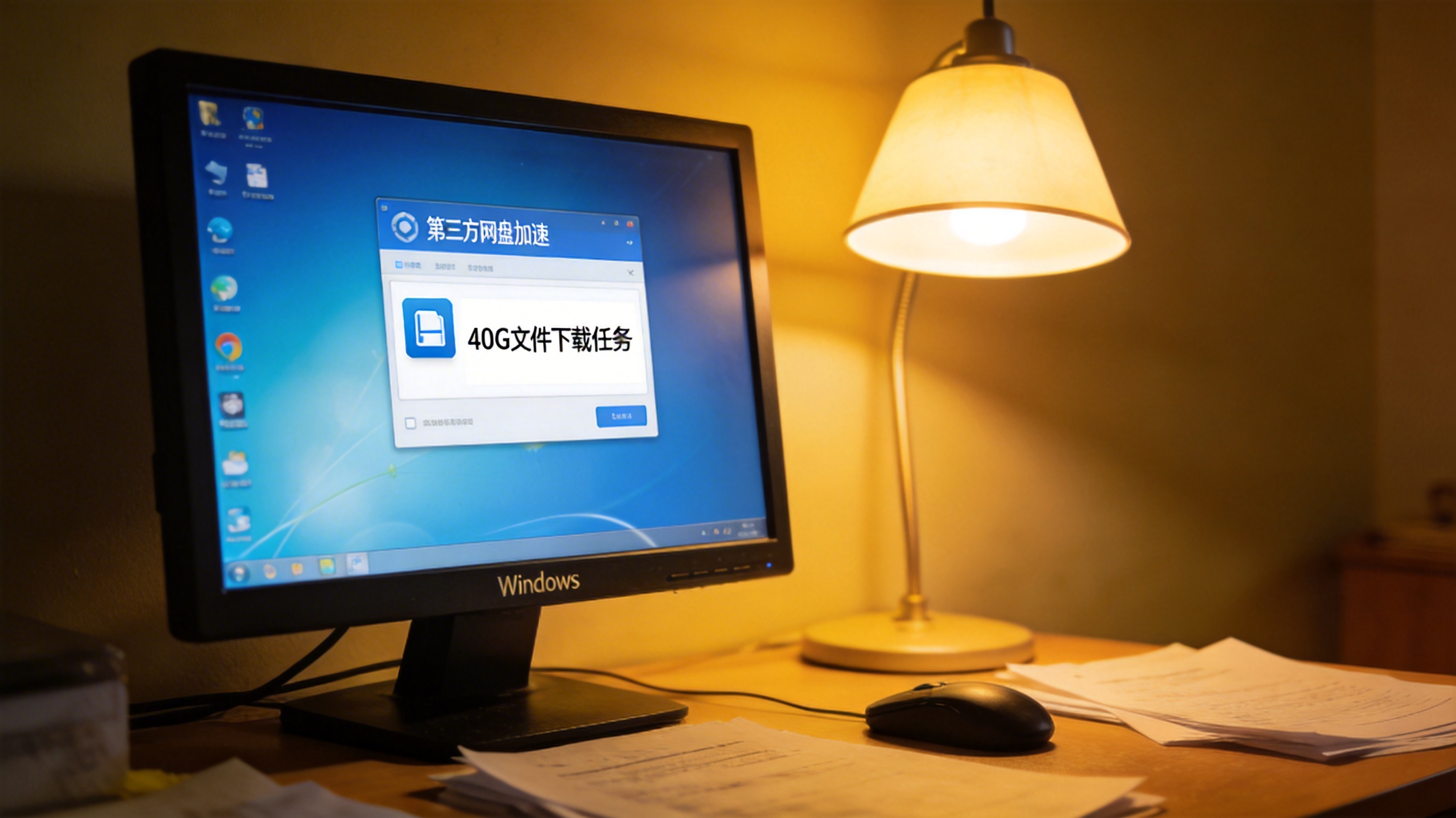 桌面的Windows系统电脑，屏幕显示第三方网盘加速软件界面，显示40G文件下载任务，台灯暖光