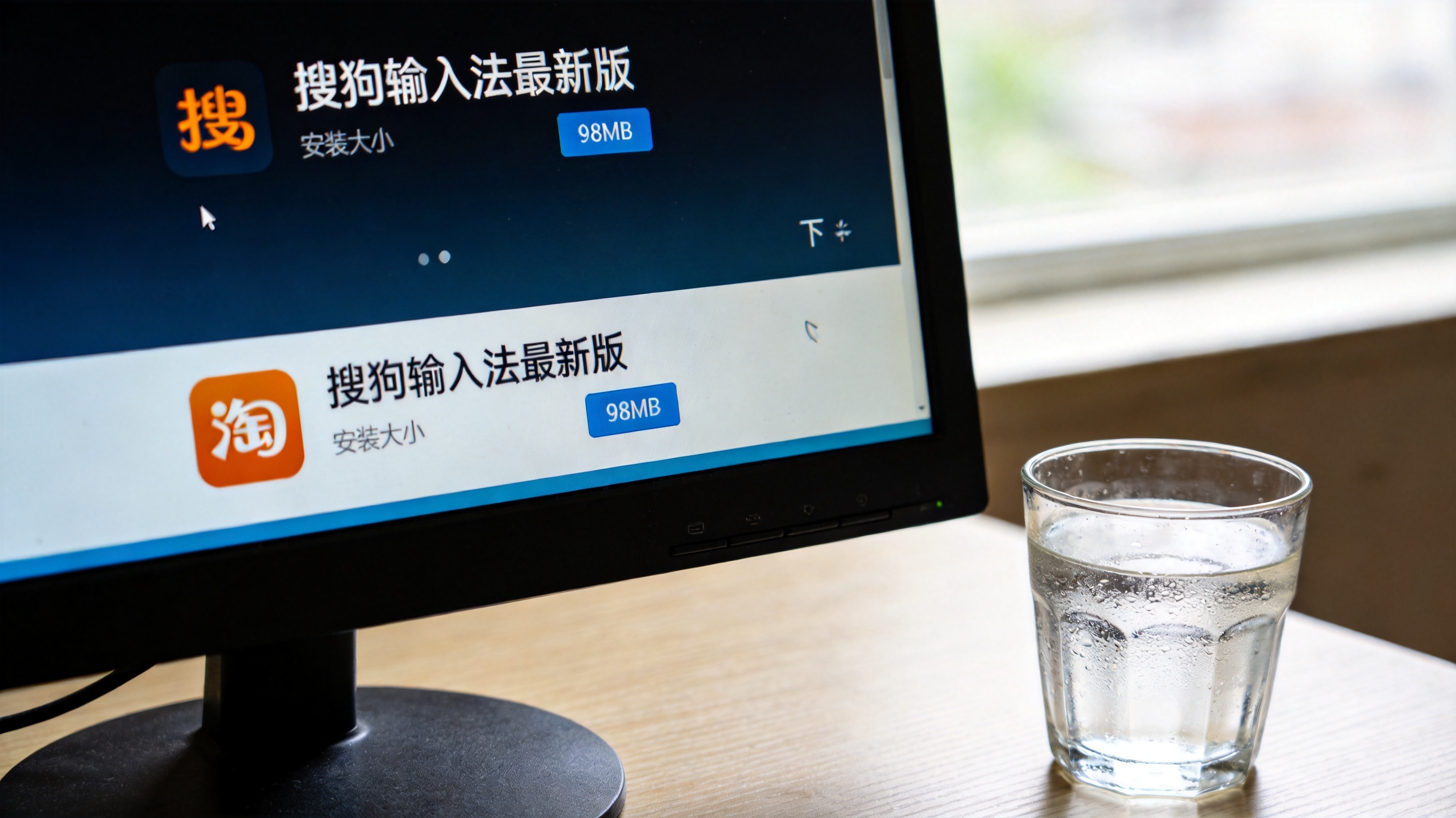 电脑桌面，屏幕显示搜狗输入法最新版下载界面，安装包大小显示98MB，旁边放着半杯凉白开，室内自然光