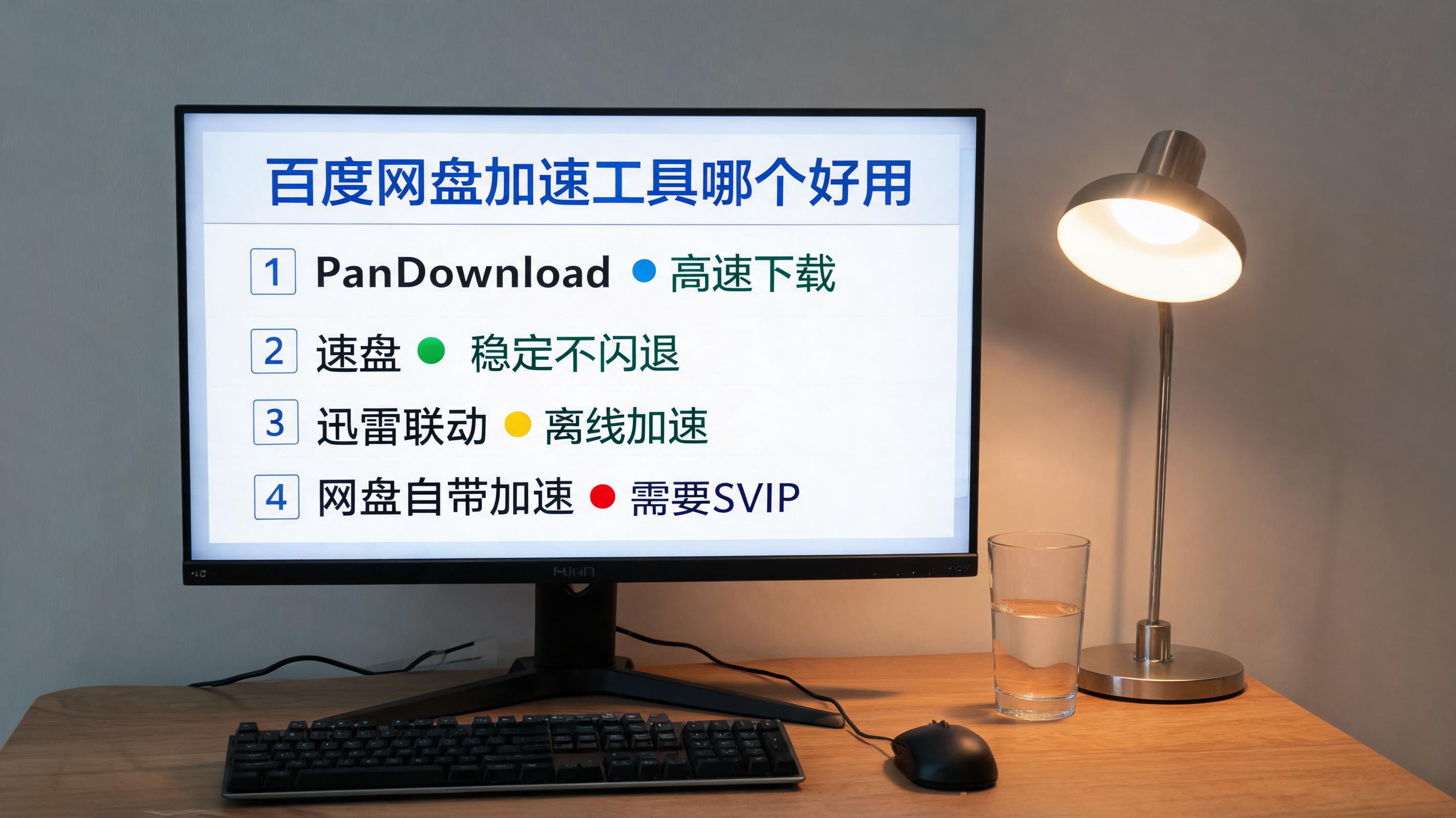 电脑桌上的电脑，屏幕显示百度网盘加速工具哪个好用界面，旁边放着台灯