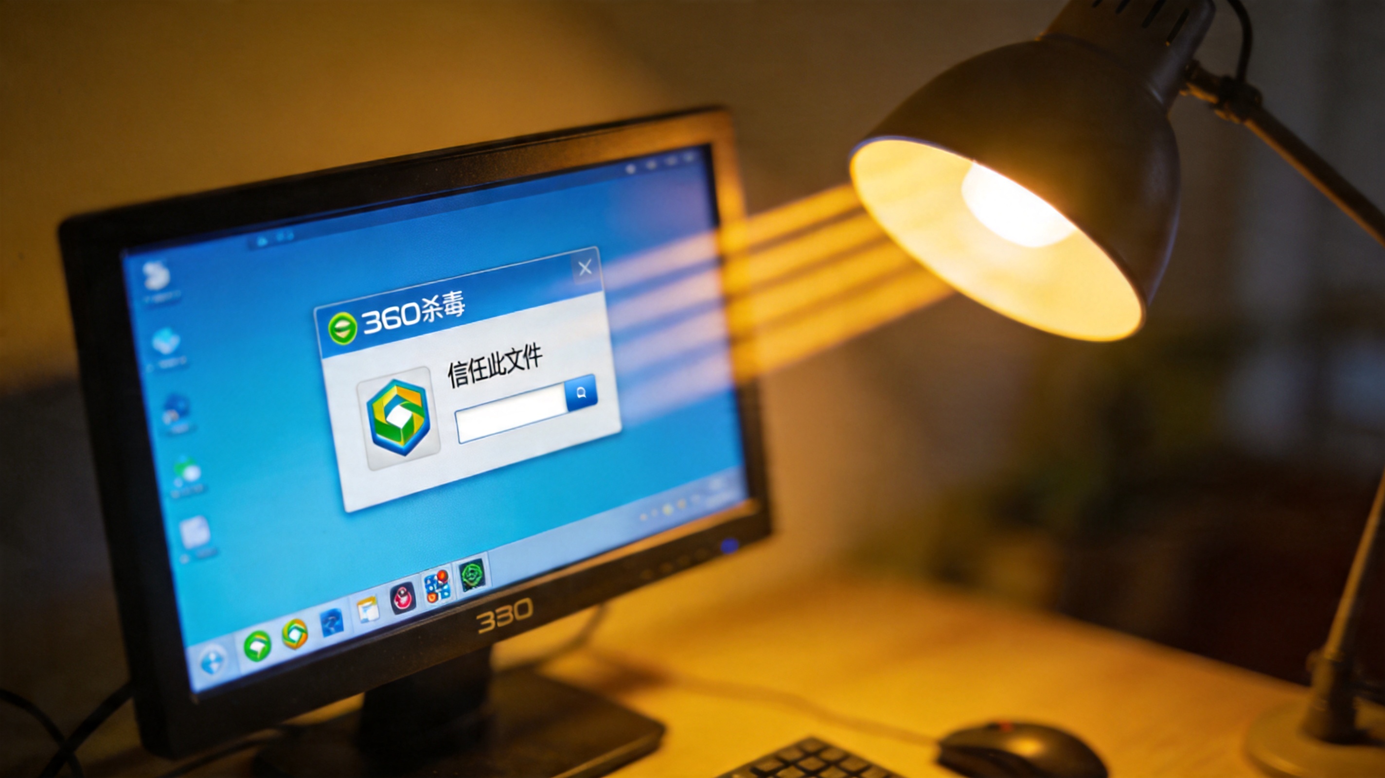 电脑屏幕显示360杀毒软件的拦截弹窗，弹窗里有信任此文件的选项，任务栏上显示360杀毒图标，台灯暖光