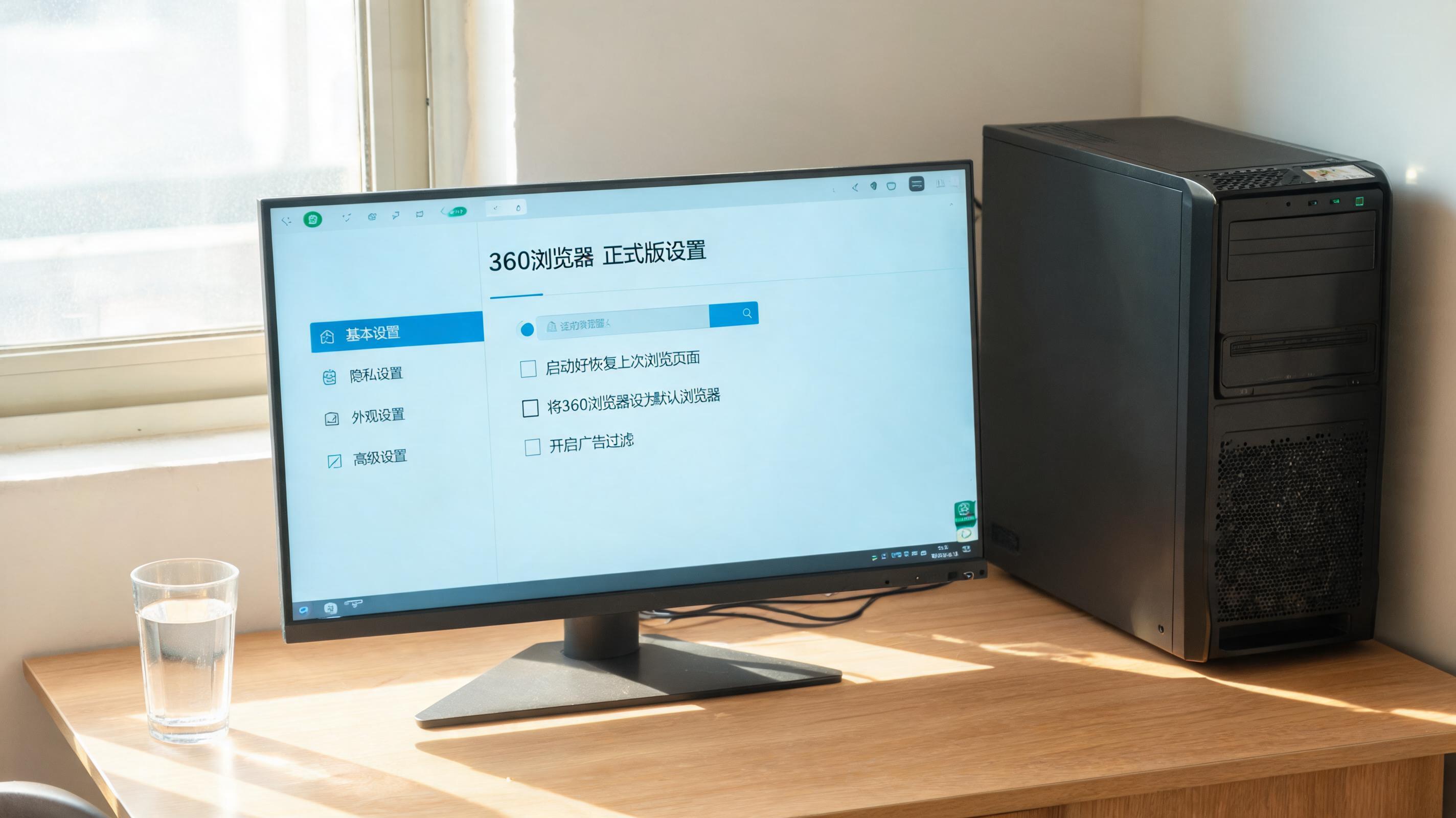 书桌上的主机，屏幕显示360 浏览器正式版设置界面，桌角放着水杯，自然光