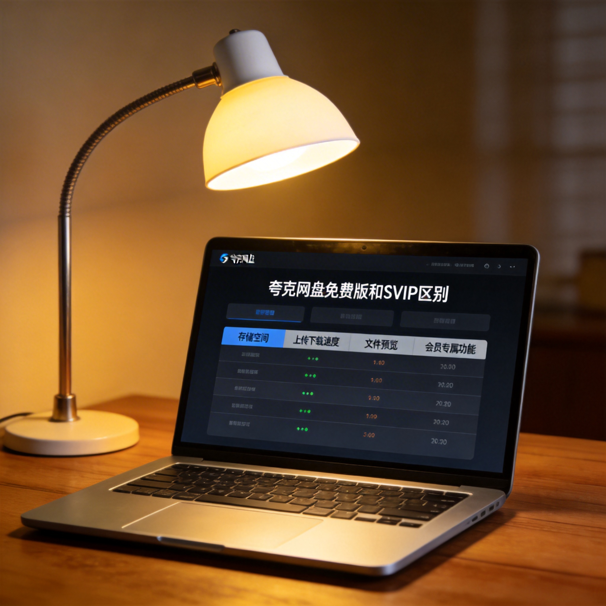 电脑桌上的电脑，屏幕显示夸克网盘免费版和 SVIP 区别界面，旁边放着台灯