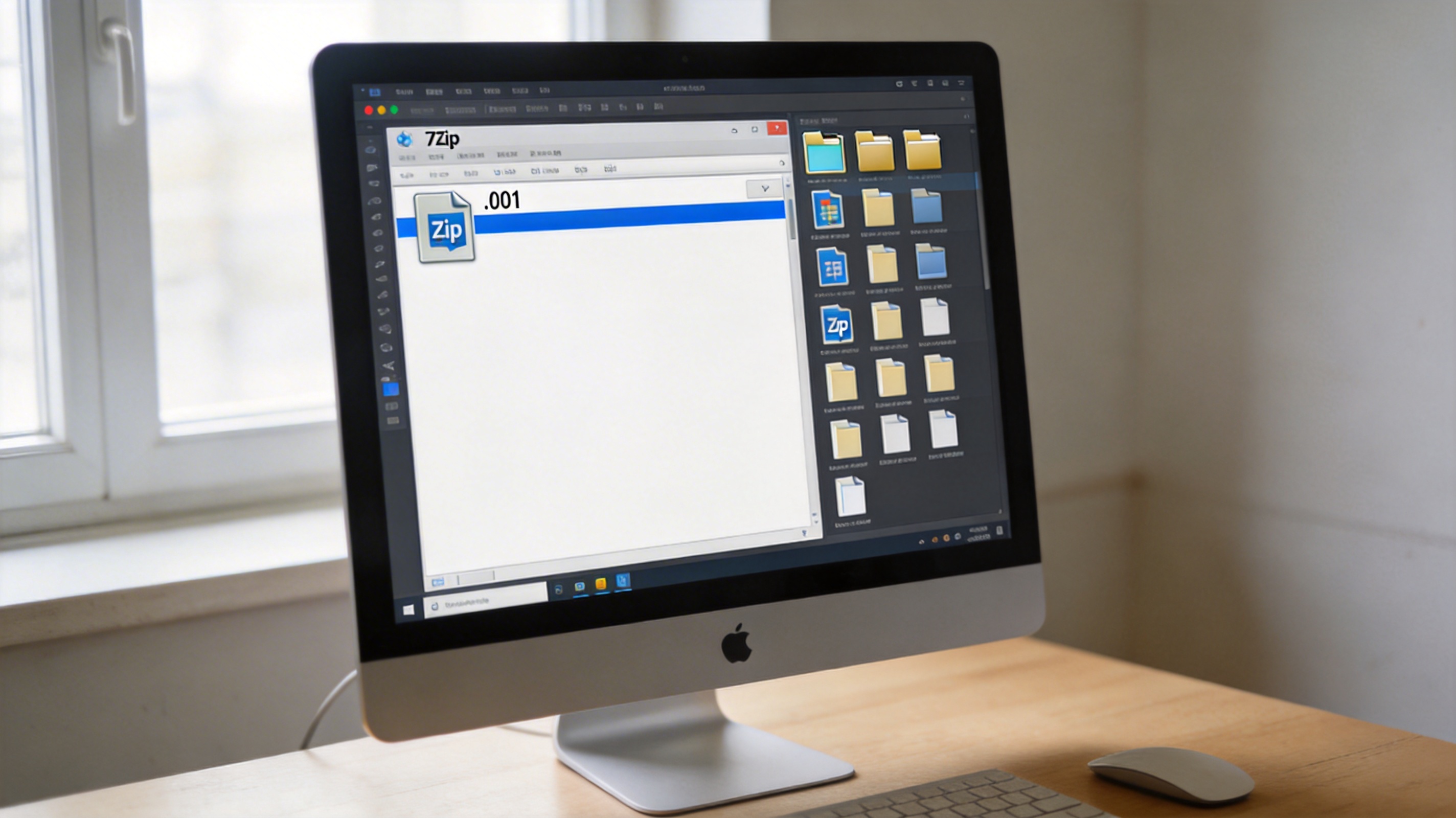 电脑桌面，屏幕显示7Zip软件界面，选中后缀为.001的zip分卷文件，旁边文件夹里排列着其余分卷文件，室内自然光