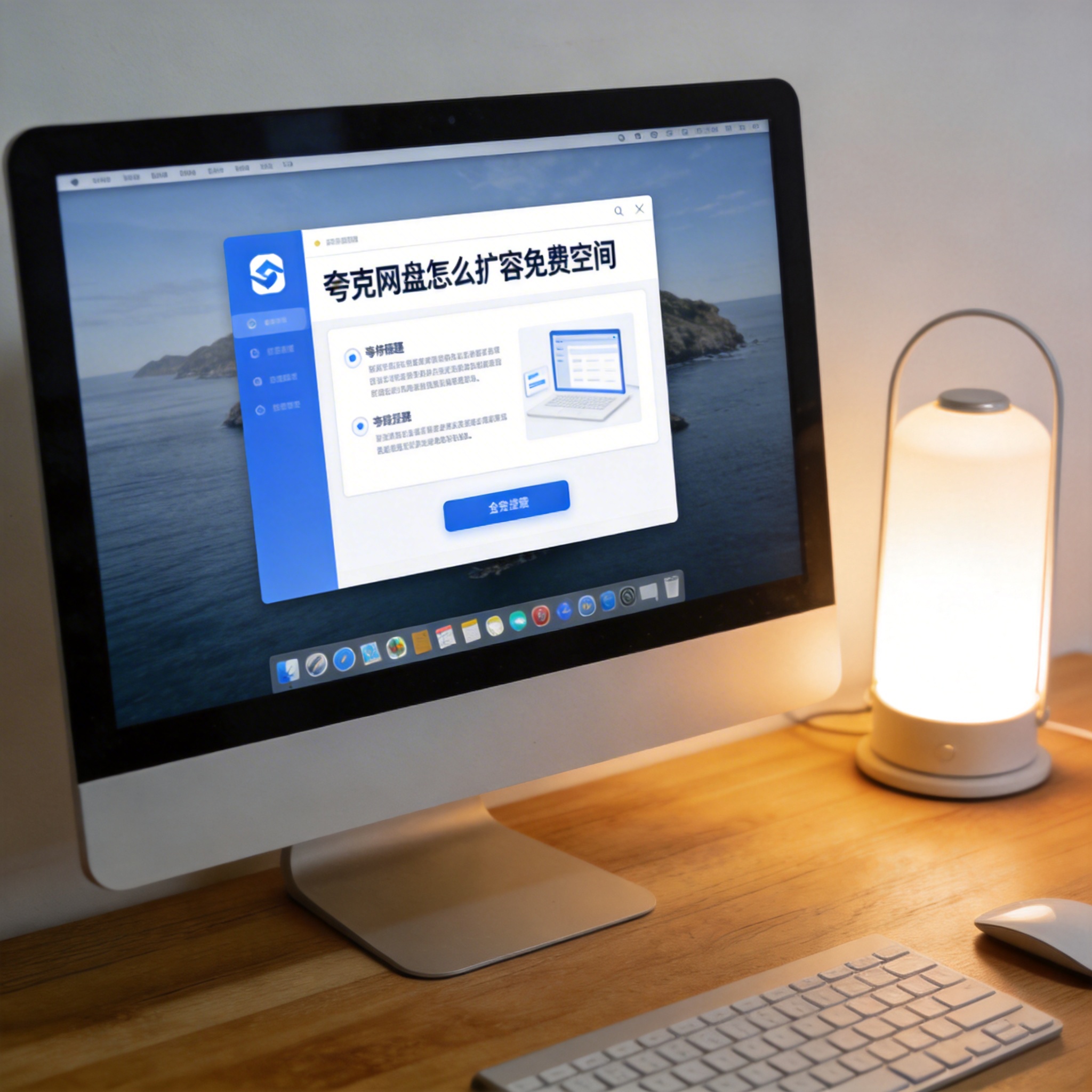 电脑桌上的电脑，屏幕显示夸克网盘怎么扩容免费空间界面，旁边放着台灯