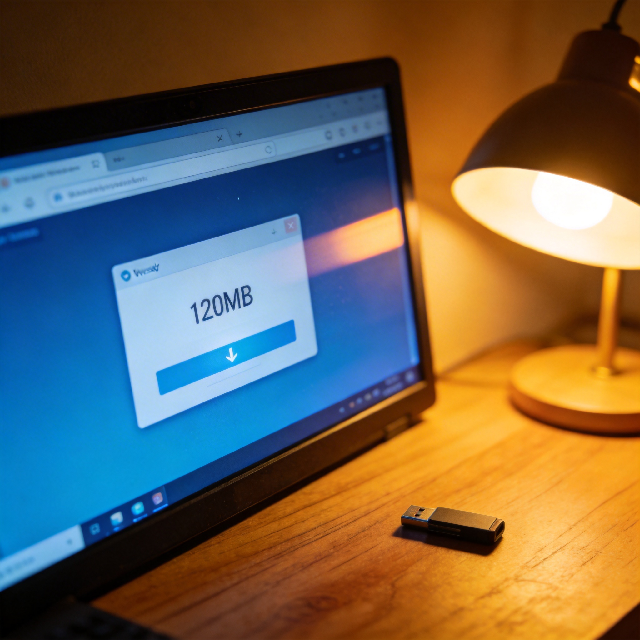 电脑屏幕显示浏览器下载弹窗，标注安装包大小120MB，桌面散落着U盘，台灯暖光