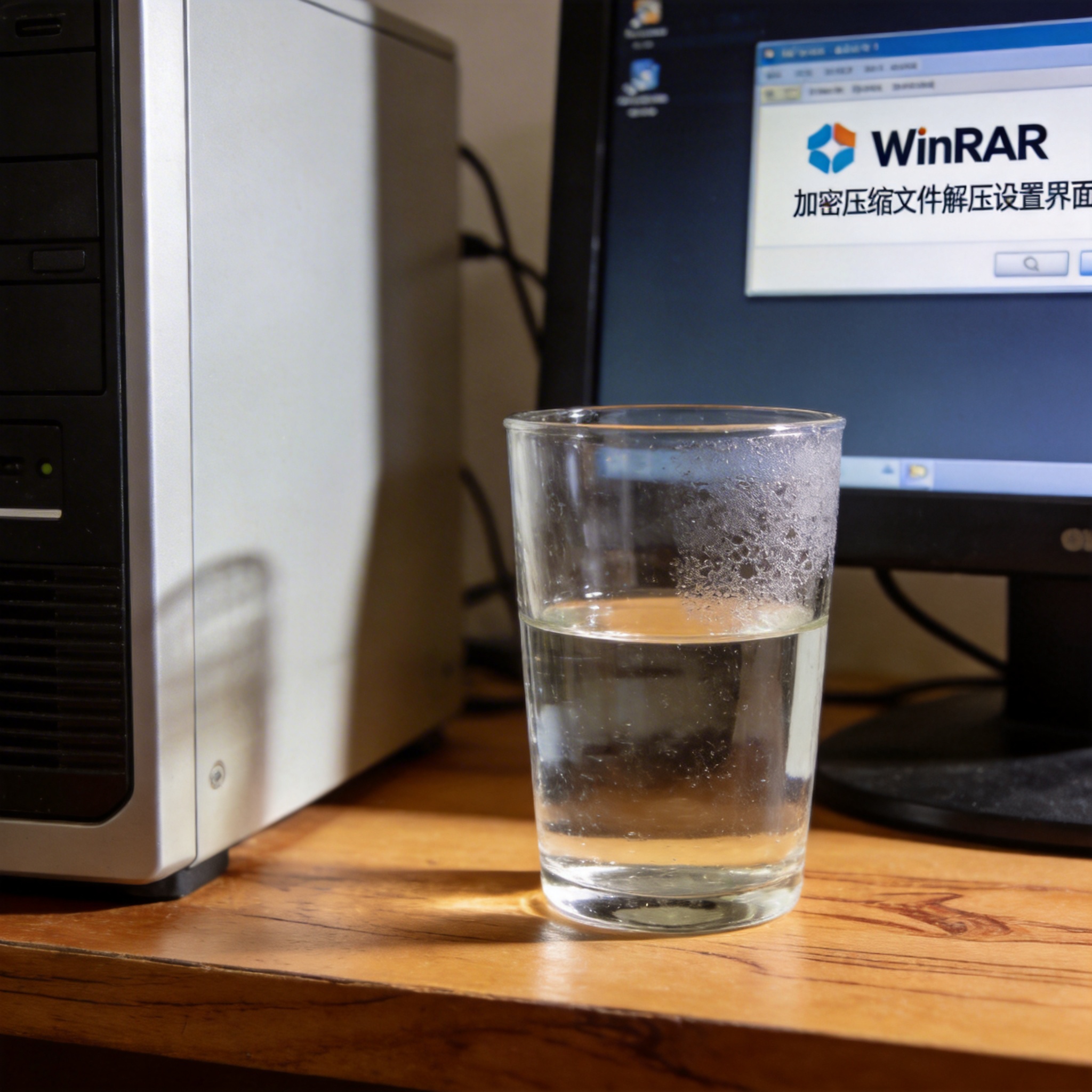 书桌上的主机，屏幕显示winrar 加密压缩文件解压设置界面，桌角放着水杯，自然光