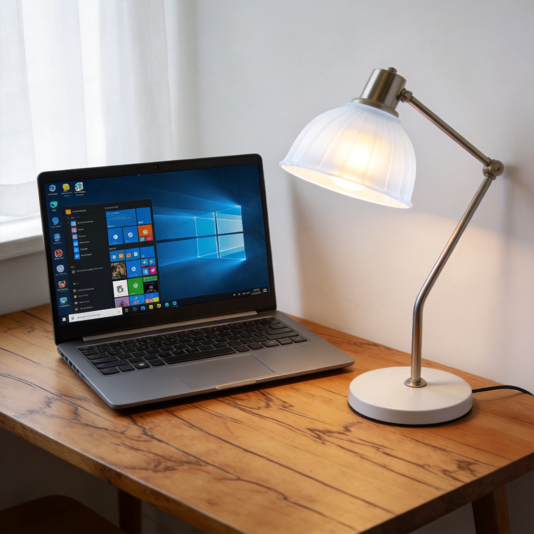 电脑桌上的电脑，屏幕显示Windows界面，旁边放着台灯