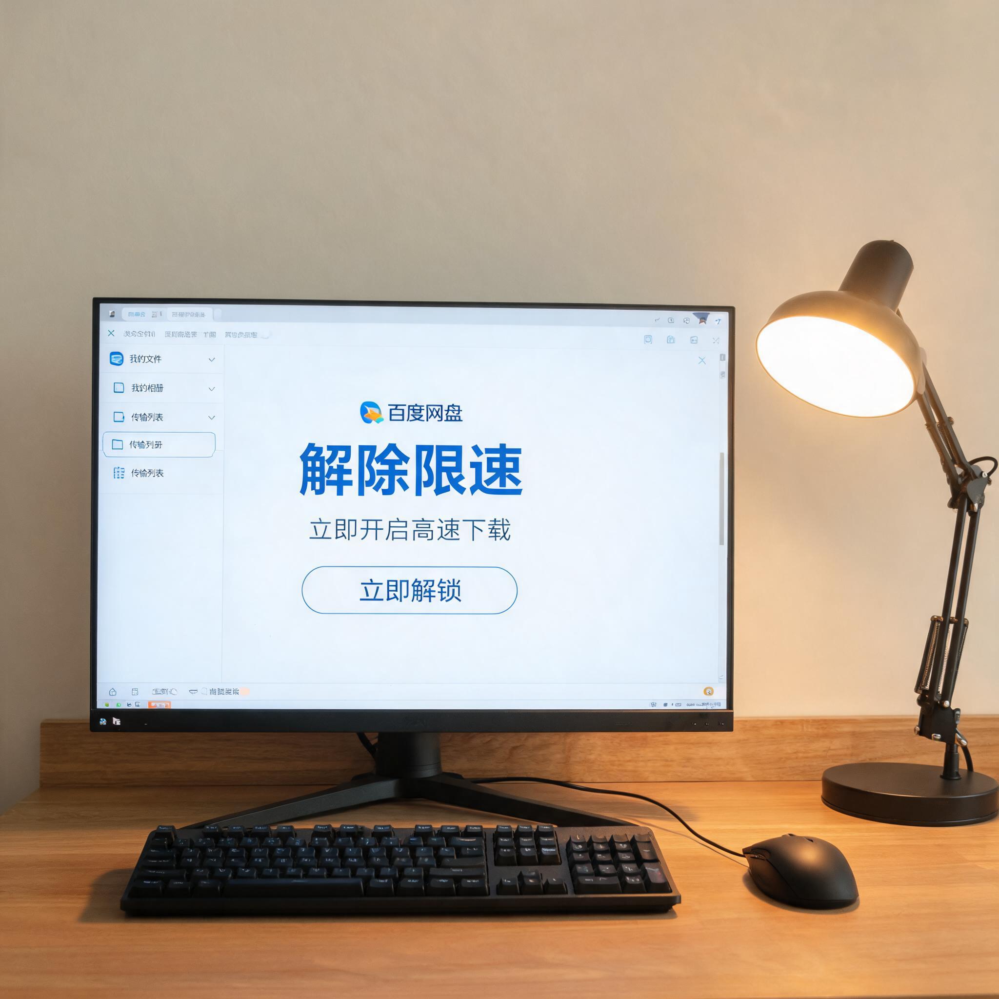 电脑桌上的电脑，屏幕显示百度网盘解除限速电脑界面，旁边放着台灯
