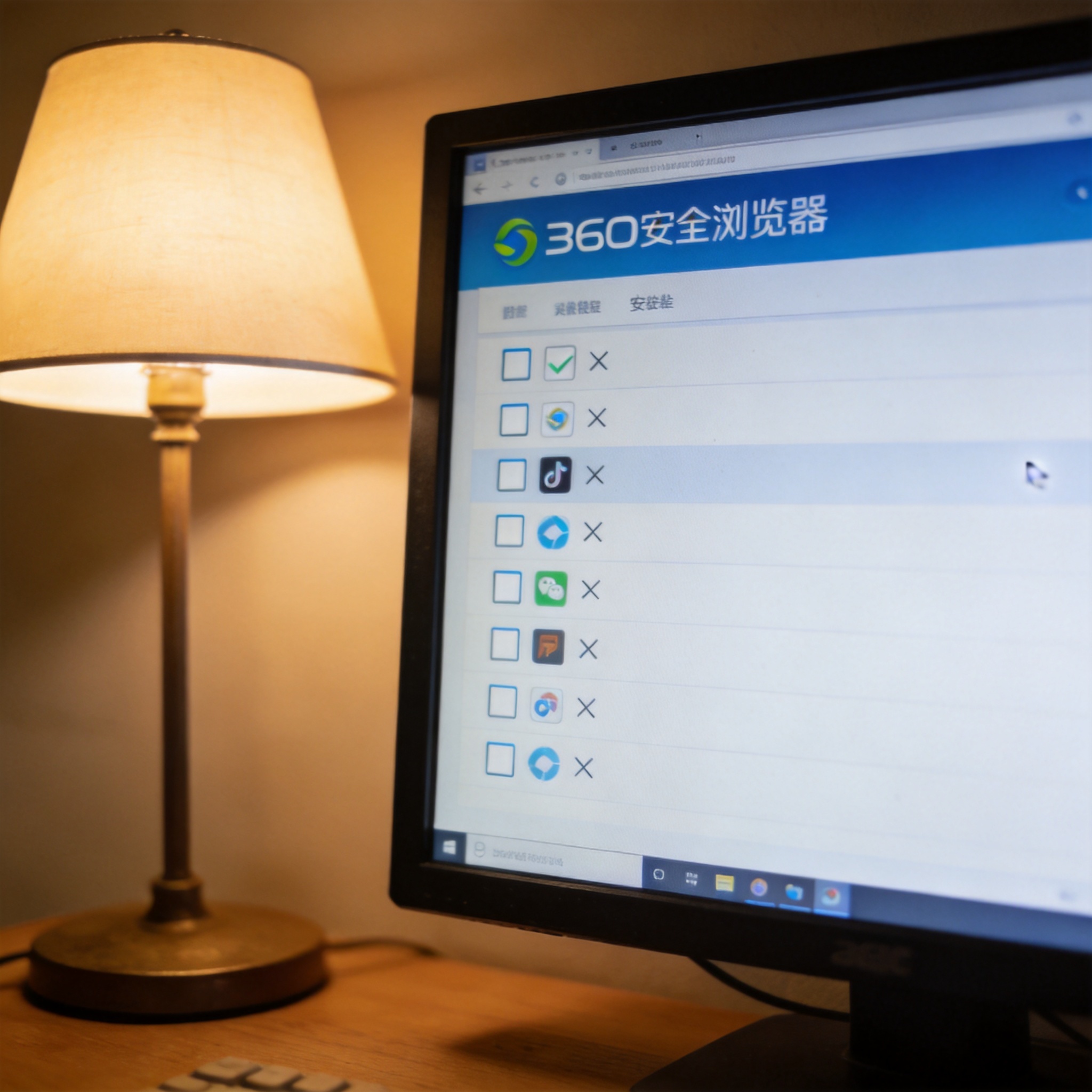 电脑屏幕显示360安全浏览器安装界面，界面里附加软件的勾选框都呈取消状态，桌面角落有个普通台灯，开着暖光