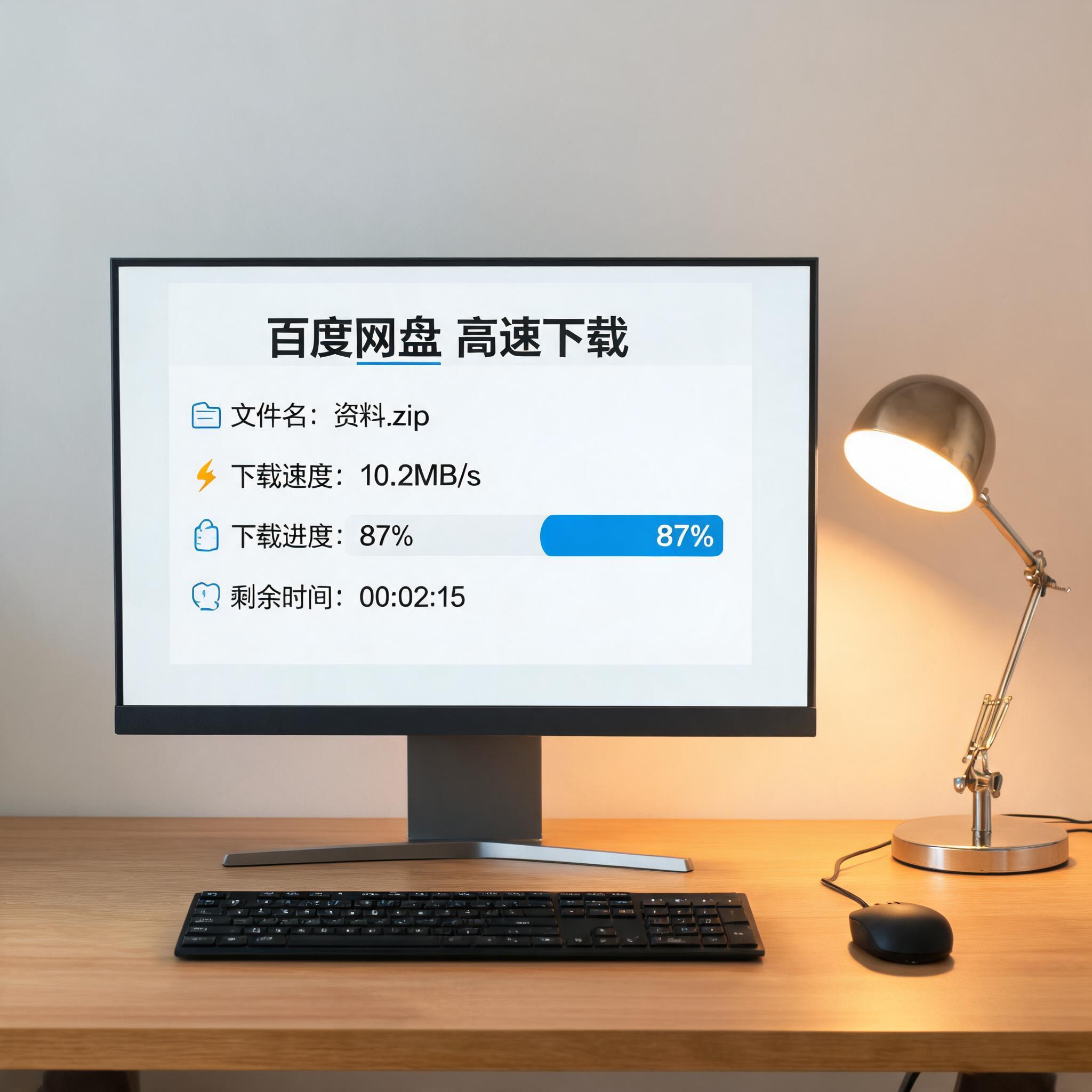 电脑桌上的电脑，屏幕显示百度网盘高速下载工具界面，旁边放着台灯