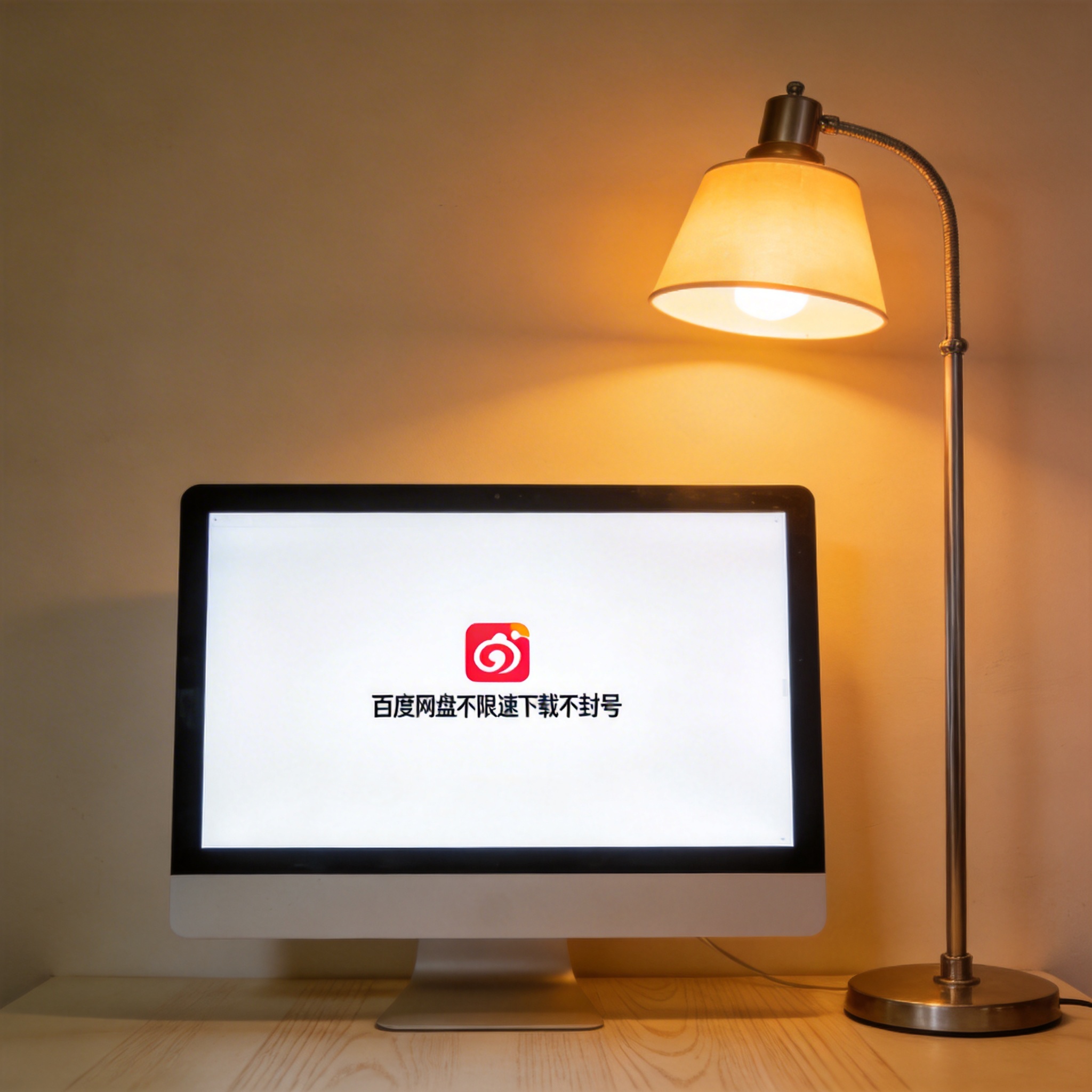 电脑桌上的电脑，屏幕显示百度网盘不限速下载不封号界面，旁边放着台灯