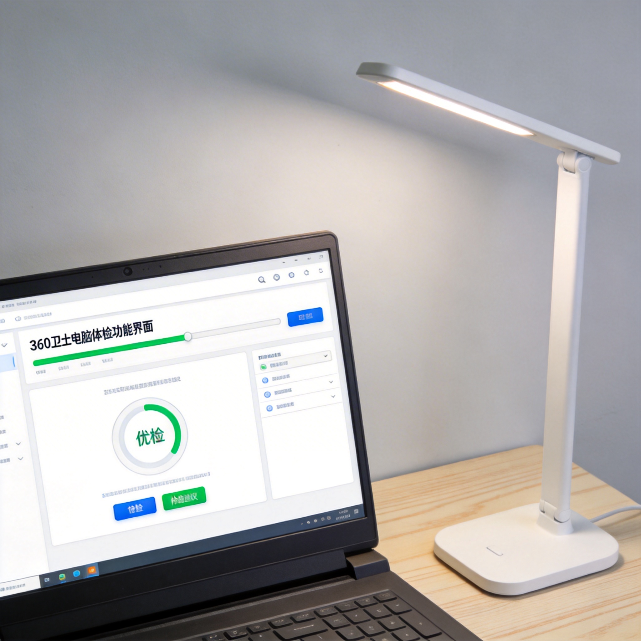 电脑桌上的电脑，屏幕显示360 卫士电脑体检功能界面，旁边放着台灯