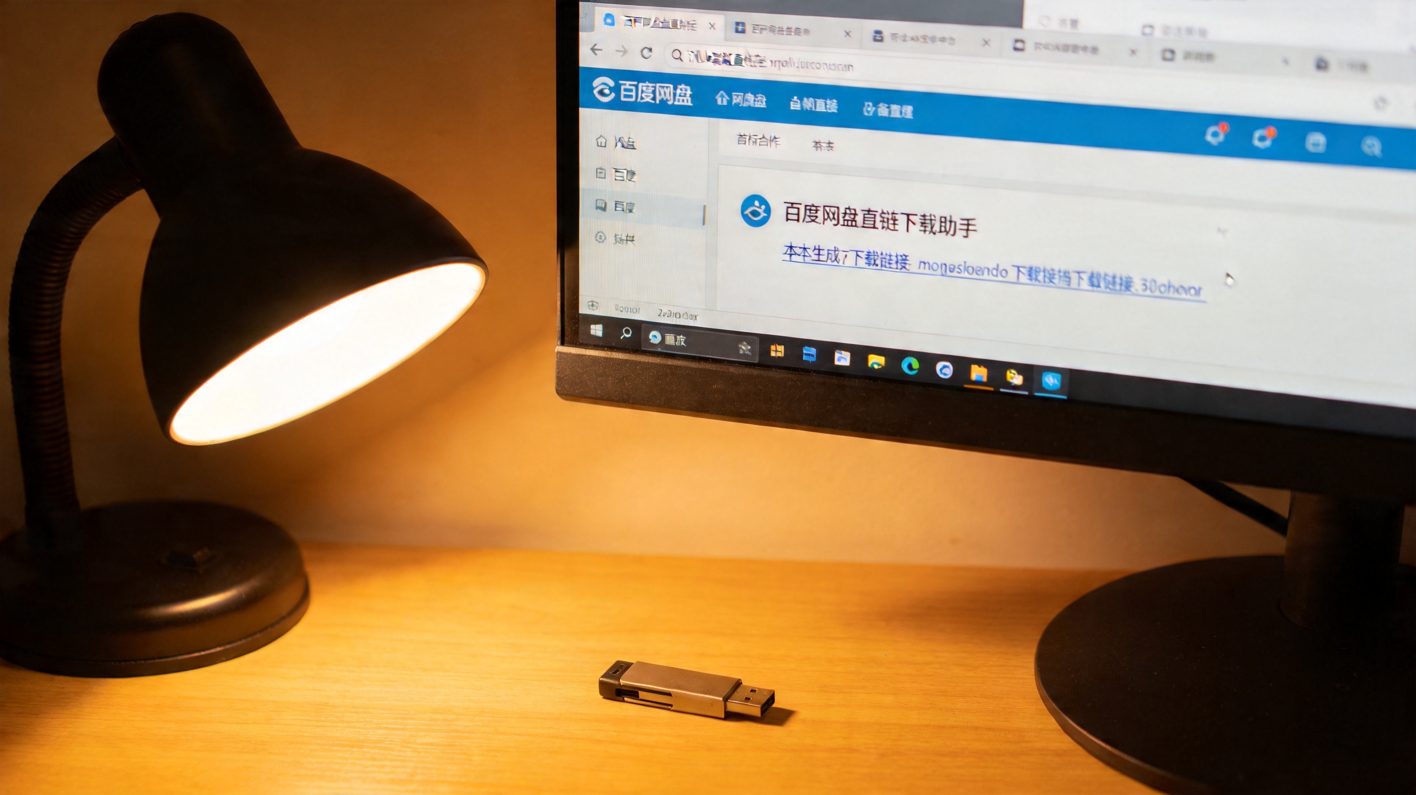 电脑屏幕显示浏览器网页版百度网盘界面，页面加载出“百度网盘直链下载助手”脚本生成的下载链接，桌面角落有U盘，台灯暖光