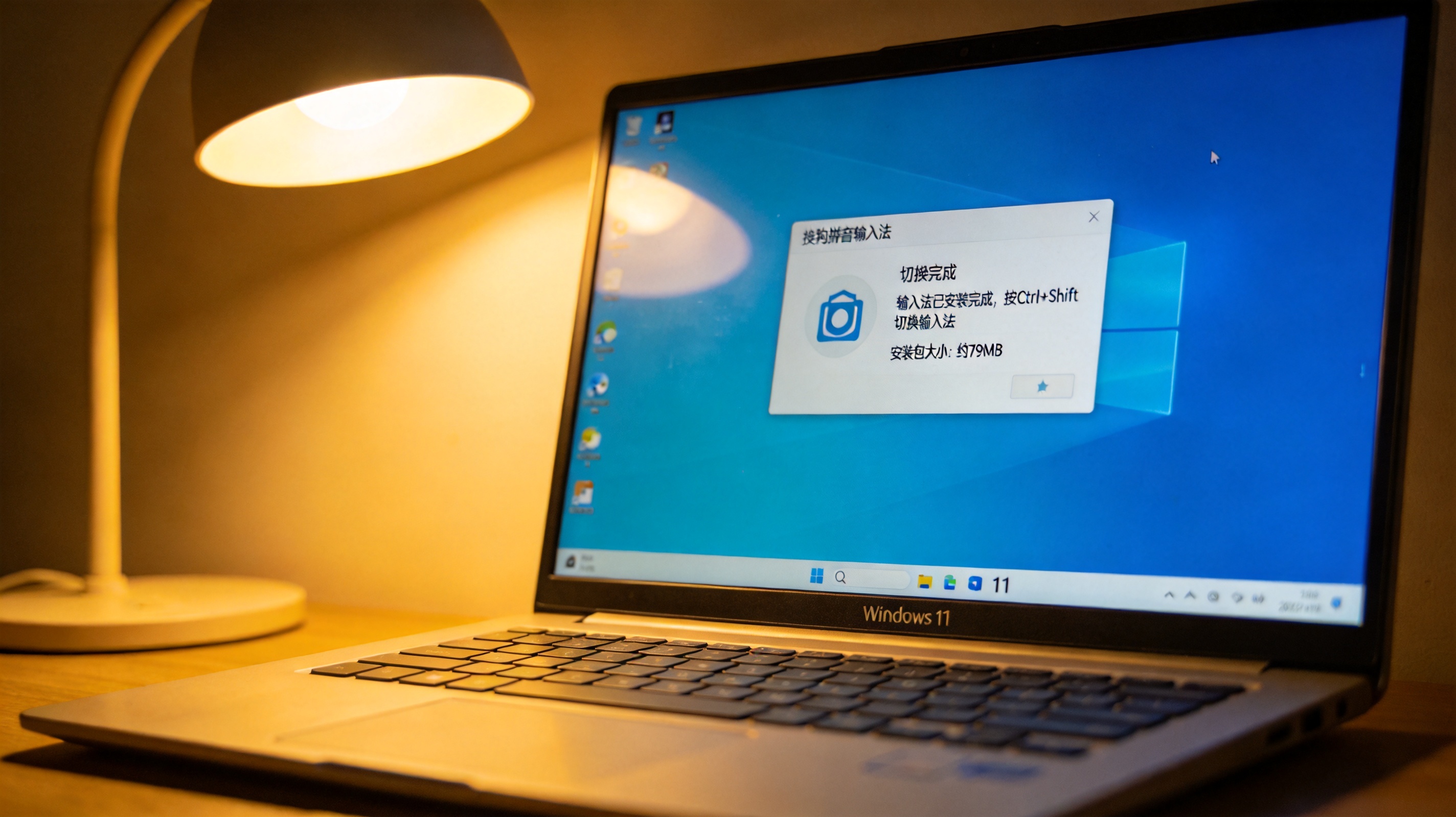 桌面的Windows11系统电脑，屏幕显示搜狗拼音安装完成后的输入法切换提示框，旁边显示安装包大小为不到80MB，台灯暖光