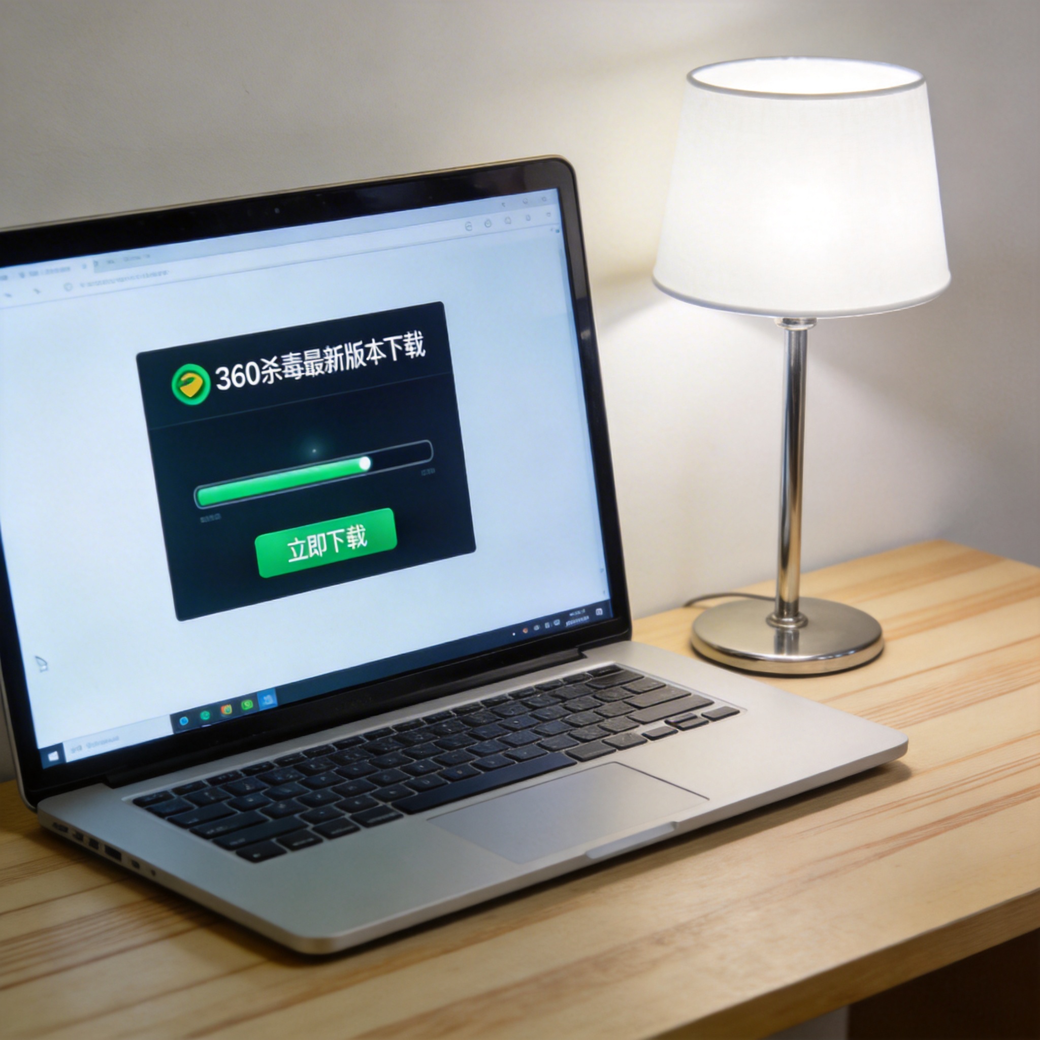 电脑桌上的电脑，屏幕显示360 杀毒最新版本下载界面，旁边放着台灯