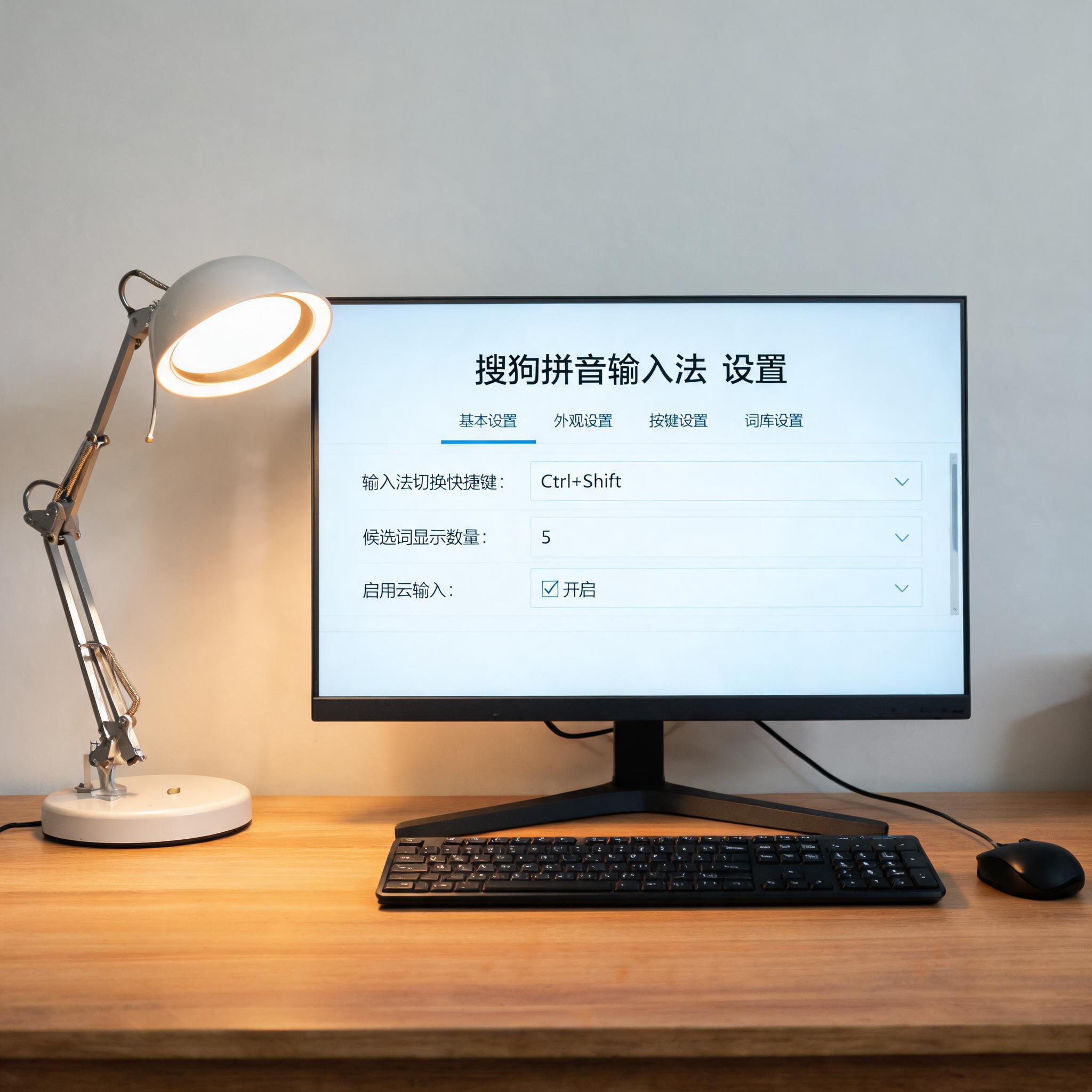 电脑桌上的电脑，屏幕显示搜狗拼音输入法怎么设置界面，旁边放着台灯