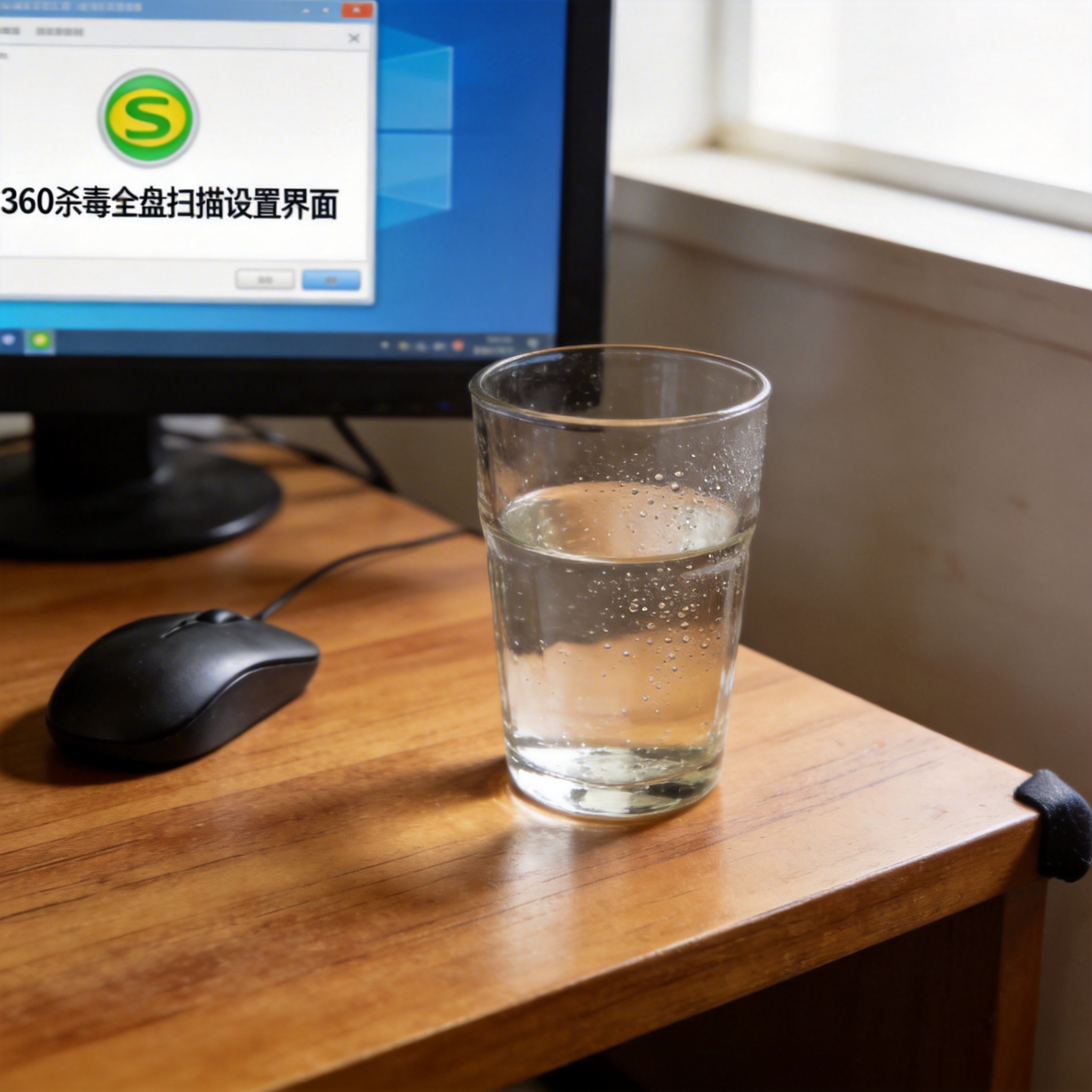 书桌上的鼠标，屏幕显示360 杀毒全盘扫描设置界面，桌角放着水杯，自然光