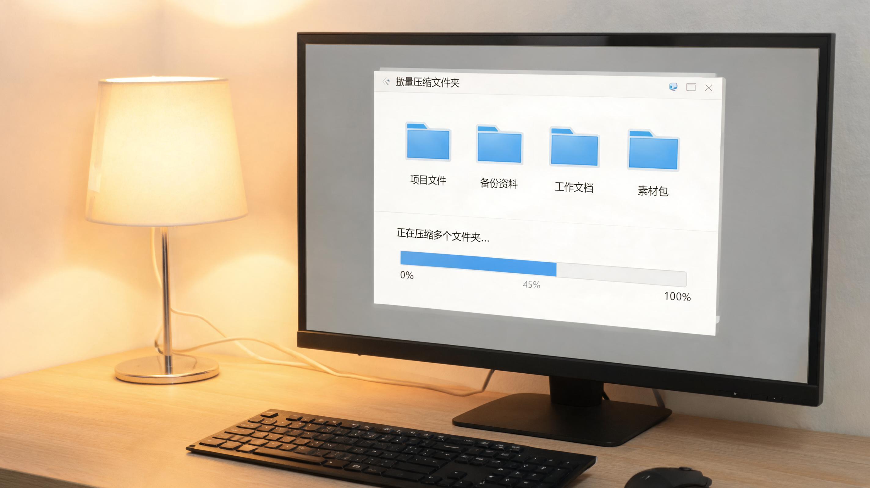 电脑桌上的电脑，屏幕显示批量文件文件夹压缩窗口，旁边放着台灯