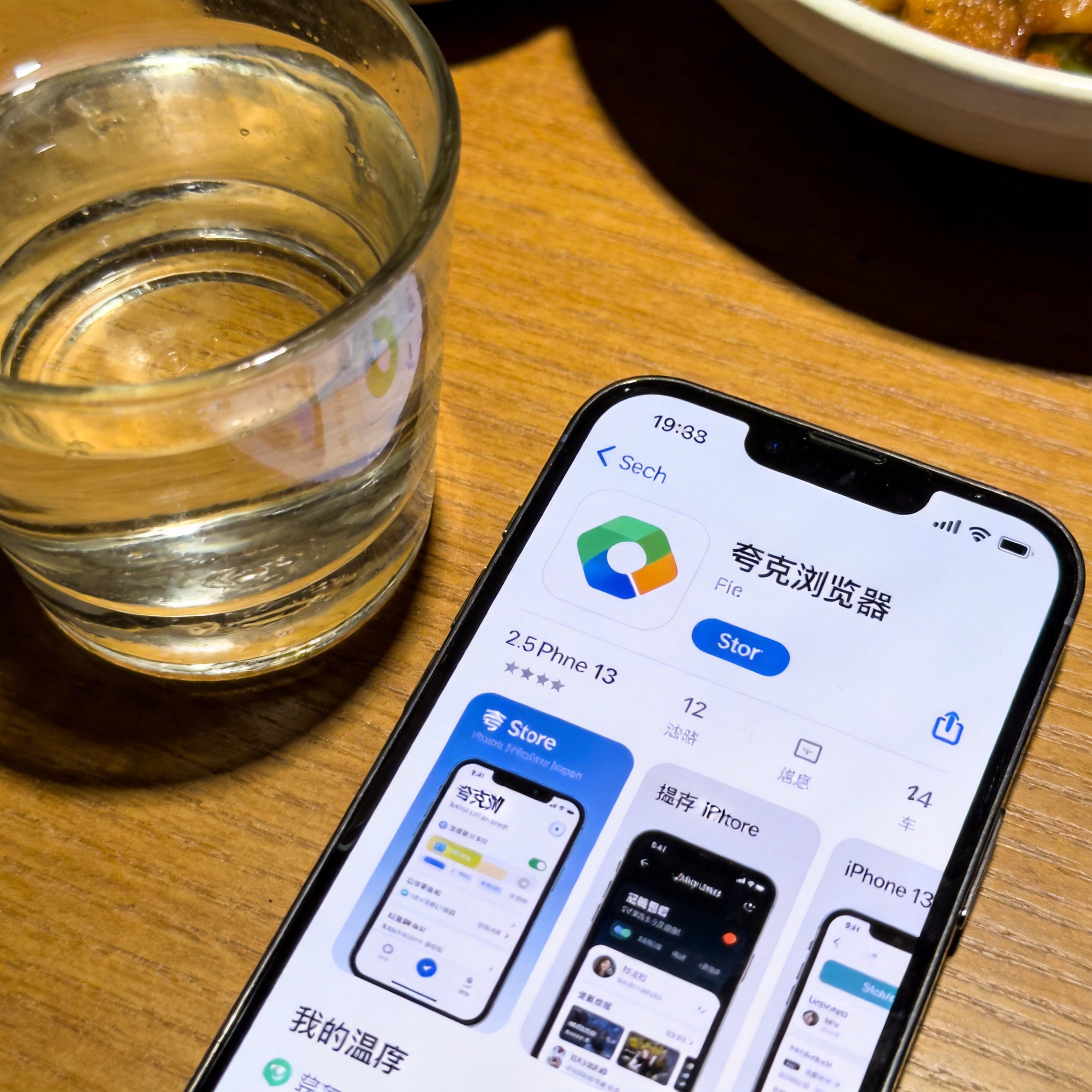 桌面放着iPhone13，屏幕显示App Store里的夸克浏览器下载界面，旁边有半杯温水，室内自然光