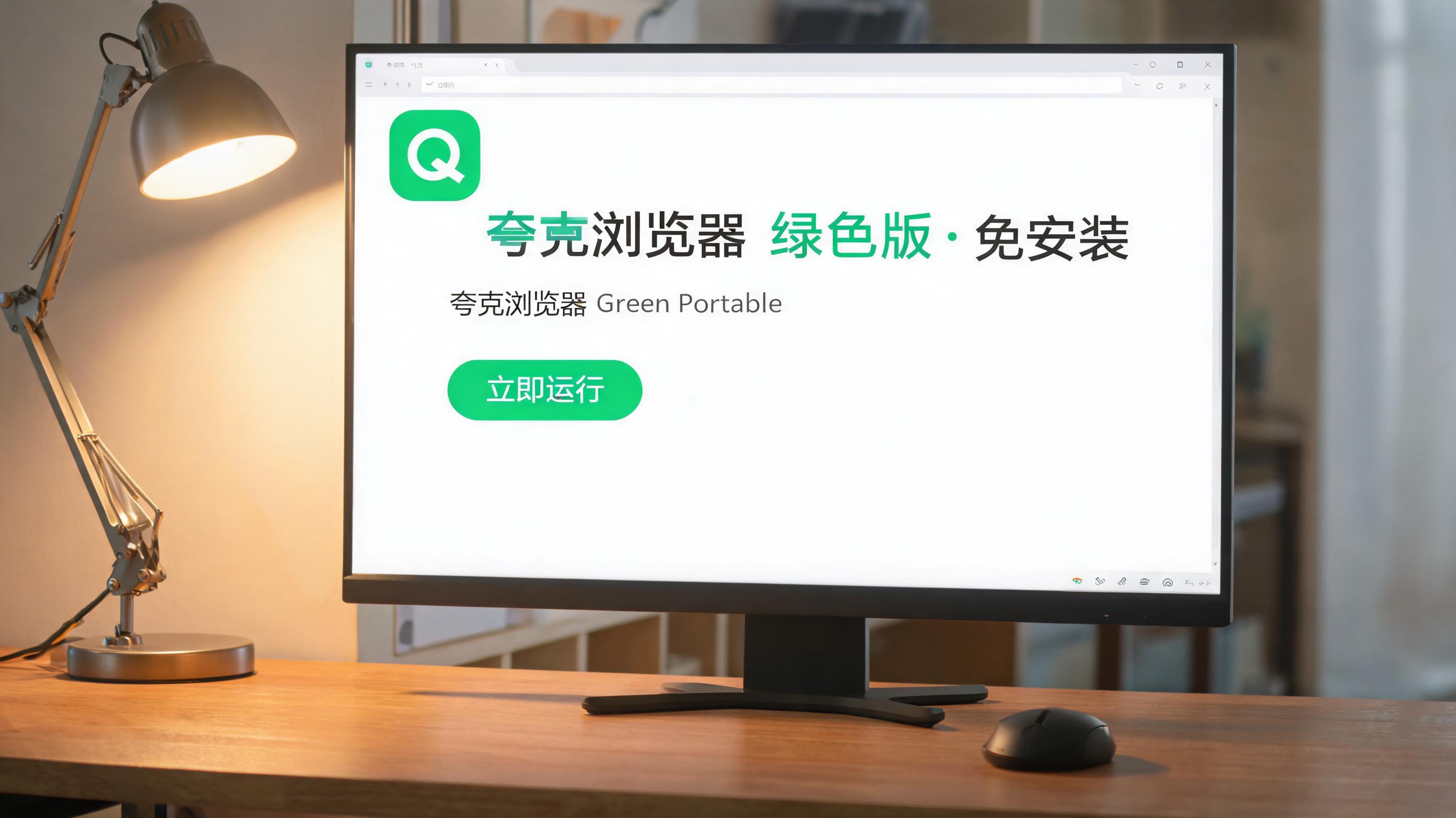 电脑桌上的电脑，屏幕显示夸克浏览器绿色版免安装界面，旁边放着台灯