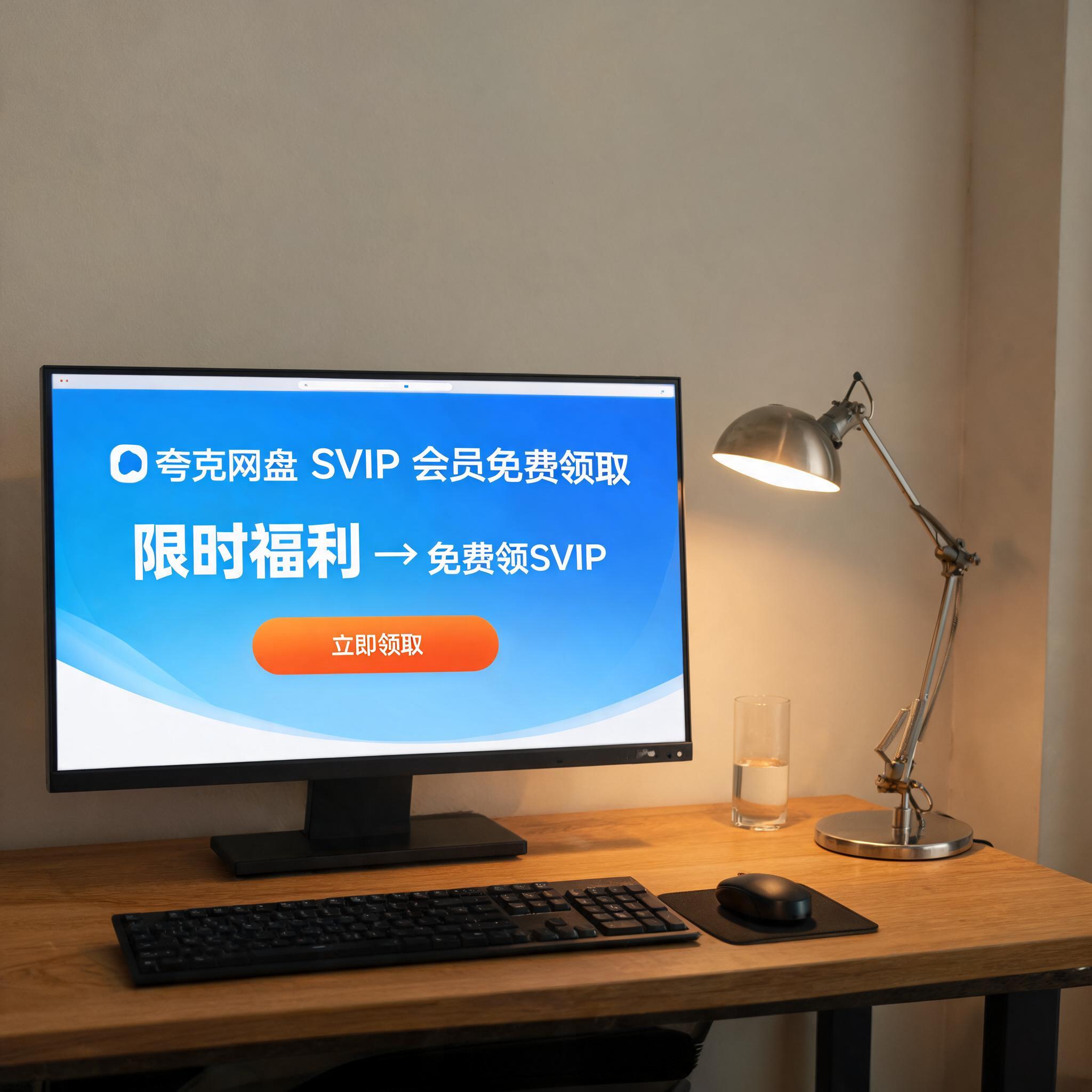 电脑桌上的电脑，屏幕显示夸克网盘 SVIP 会员免费领取界面，旁边放着台灯