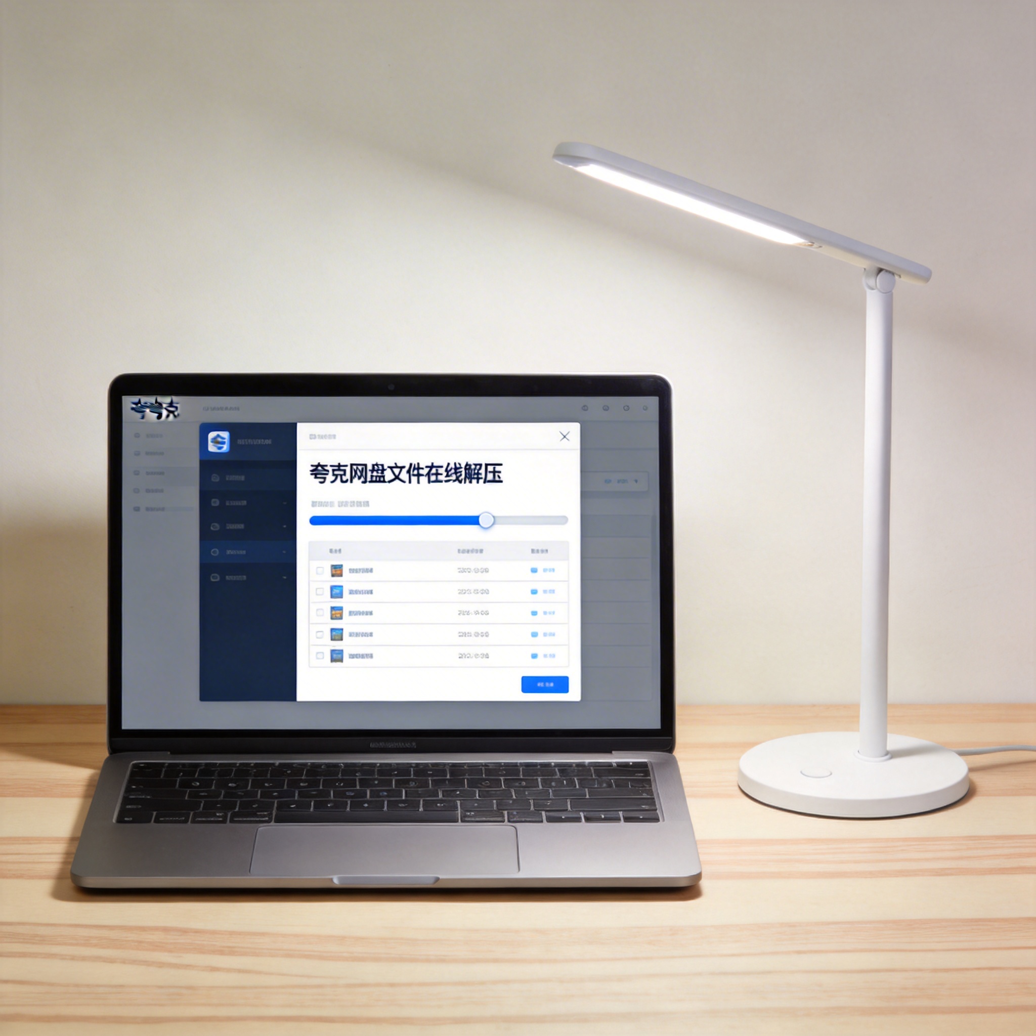 电脑桌上的电脑，屏幕显示夸克网盘文件在线解压界面，旁边放着台灯
