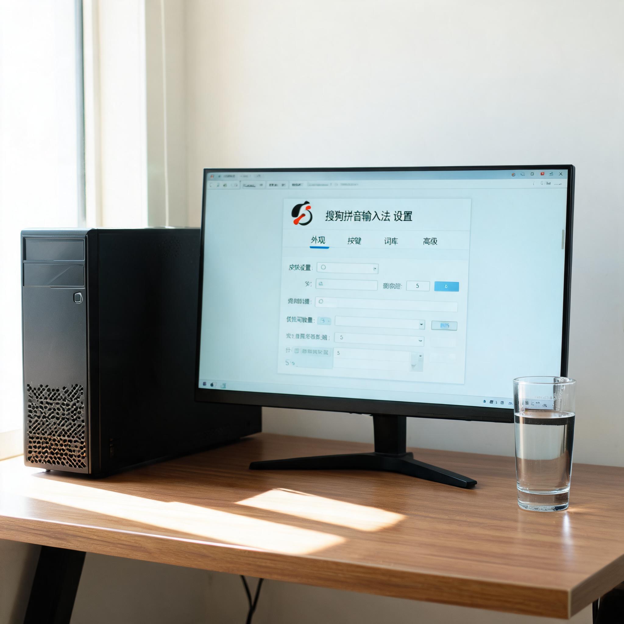 书桌上的主机，屏幕显示搜狗拼音输入法设置界面，桌角放着水杯，自然光