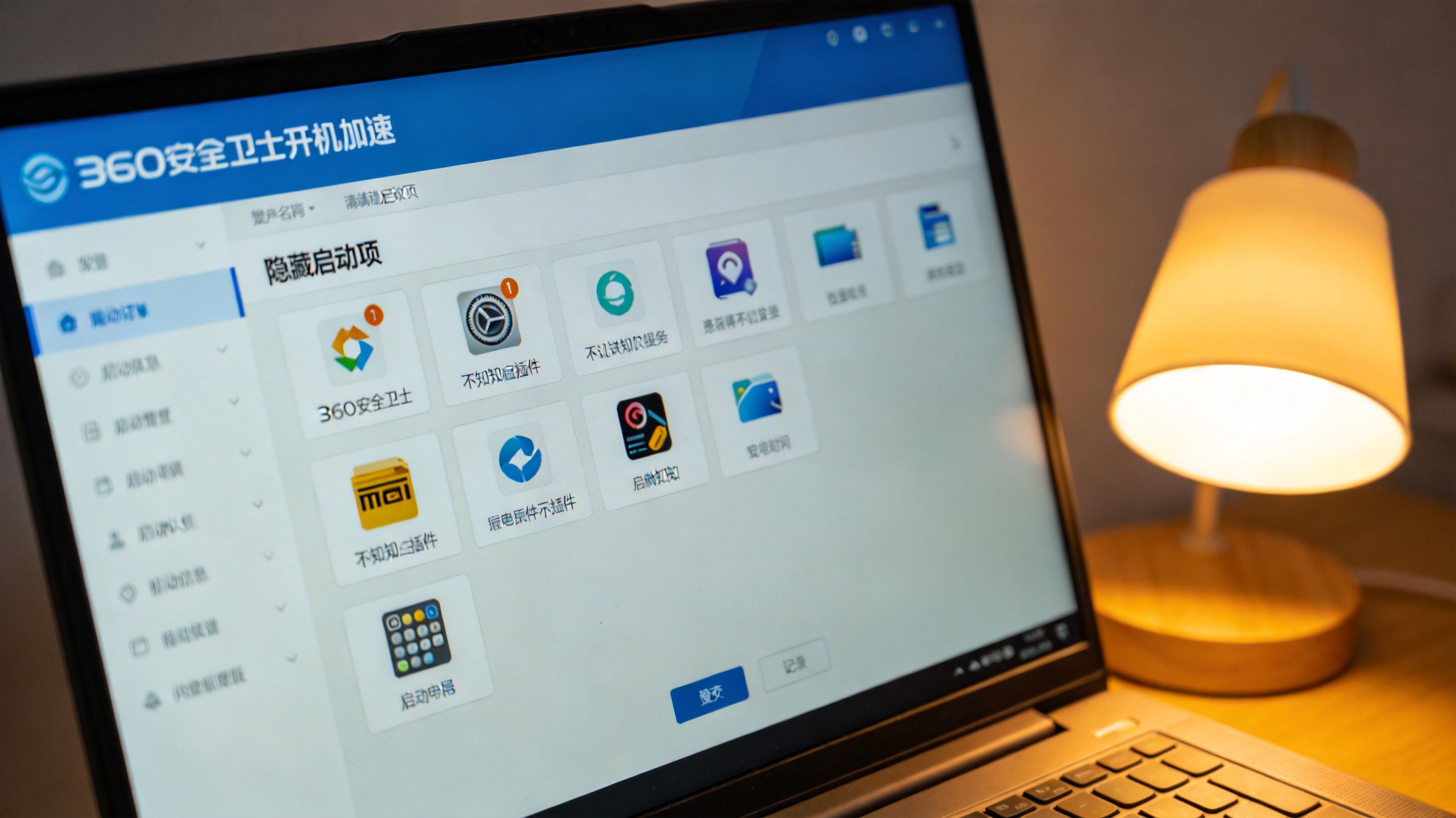 电脑屏幕显示360安全卫士开机加速的隐藏启动项页面，界面上列出不知名插件启动项，旁边的桌面有一盏打开的台灯