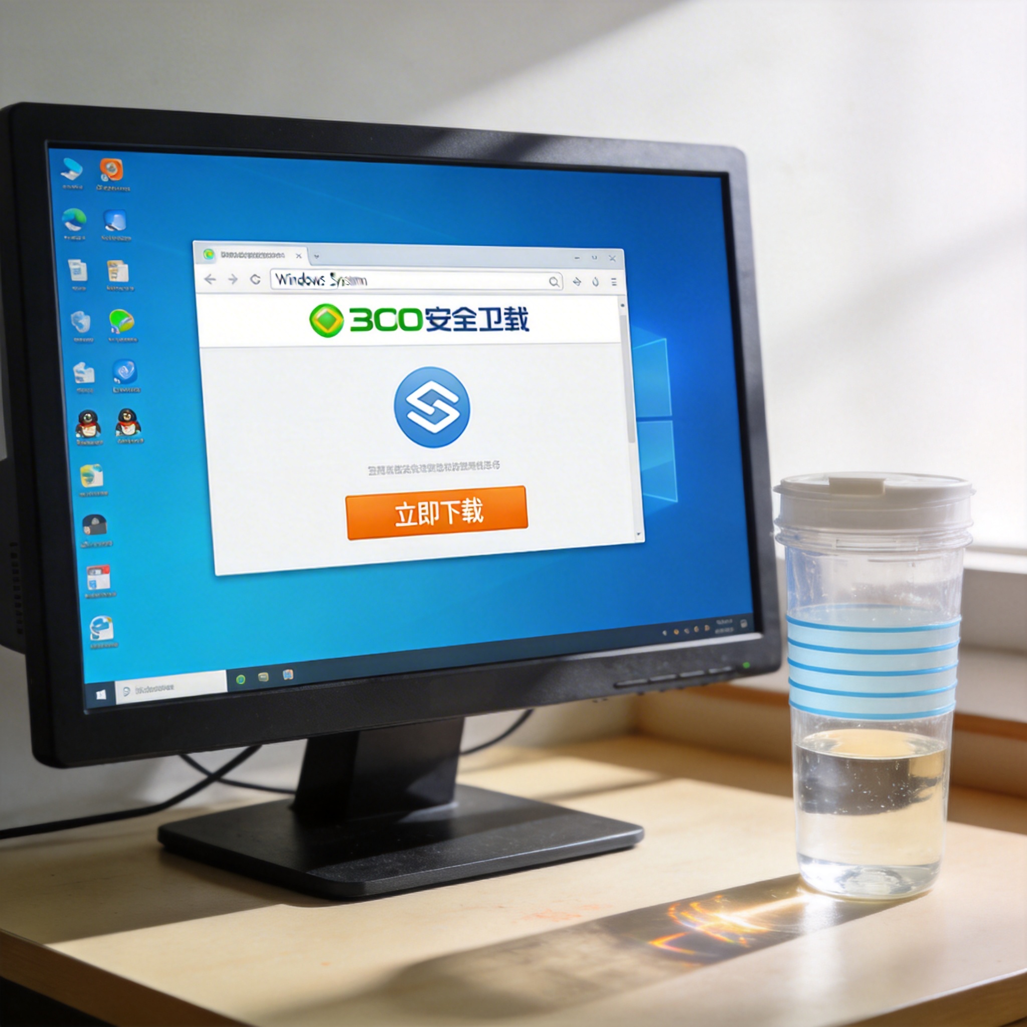 电脑桌前的台式机，屏幕显示Windows系统桌面，浏览器打开360安全卫士官方网站，页面显示“立即下载”按钮，旁边放着塑料水杯，室内自然光