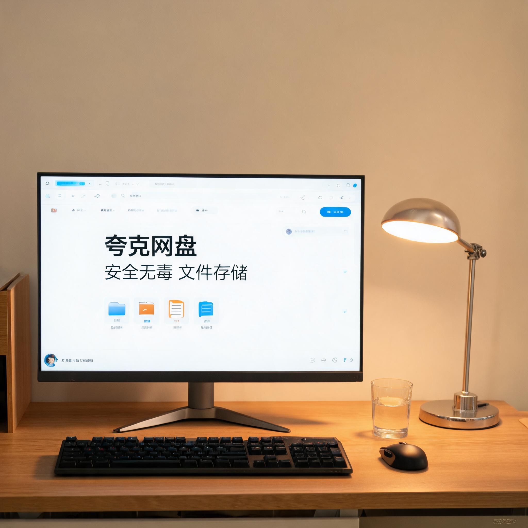 电脑桌上的电脑，屏幕显示夸克网盘安全无毒文件存储界面，旁边放着台灯
