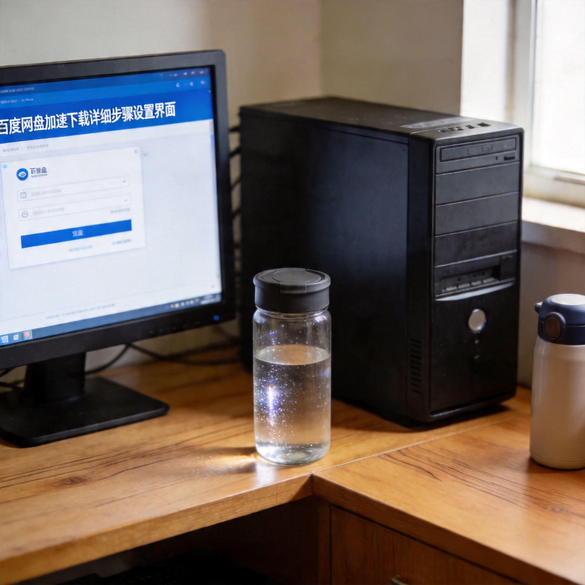 书桌上的主机，屏幕显示百度网盘加速下载详细步骤设置界面，桌角放着水杯，自然光