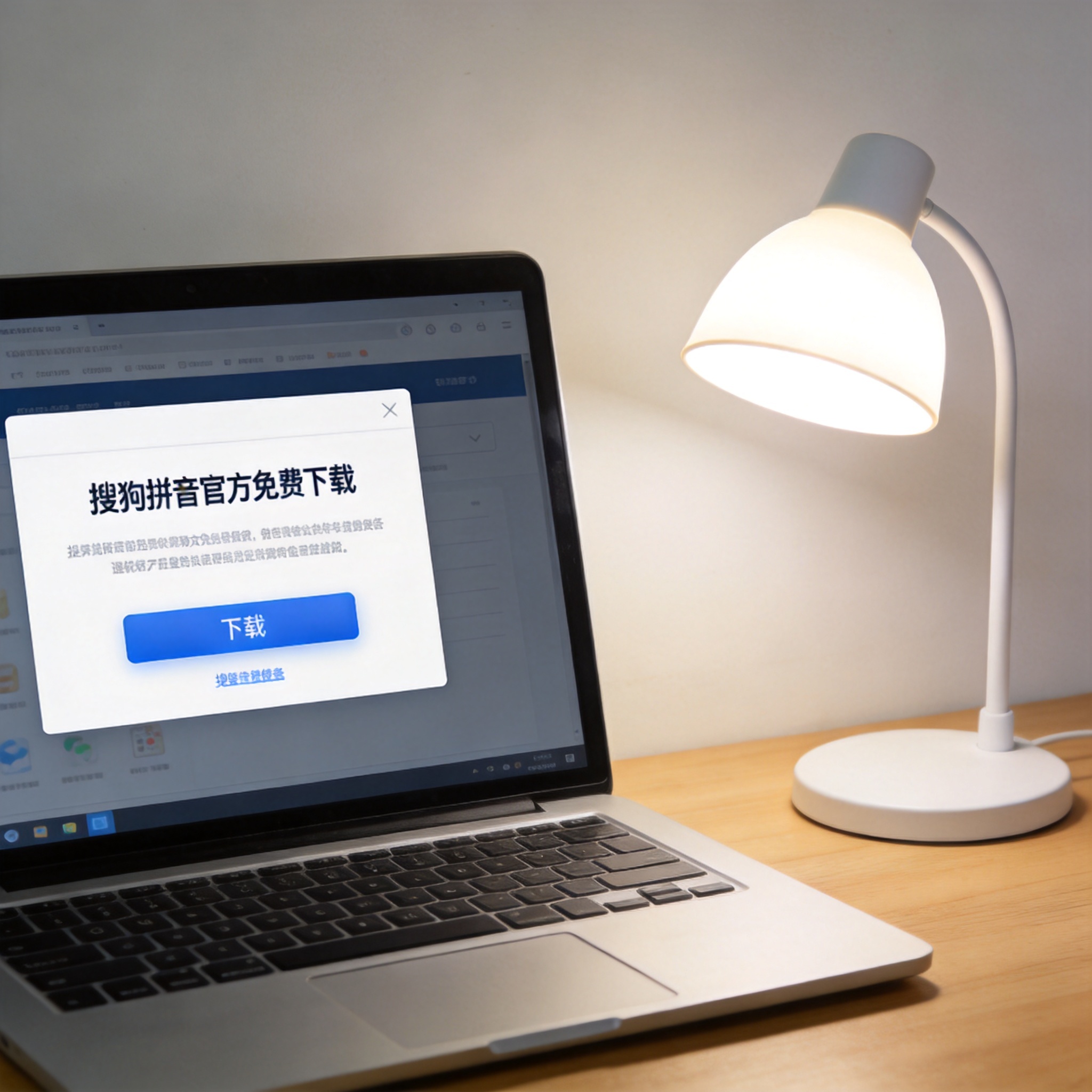 电脑桌上的电脑，屏幕显示搜狗拼音官方免费下载界面，旁边放着台灯
