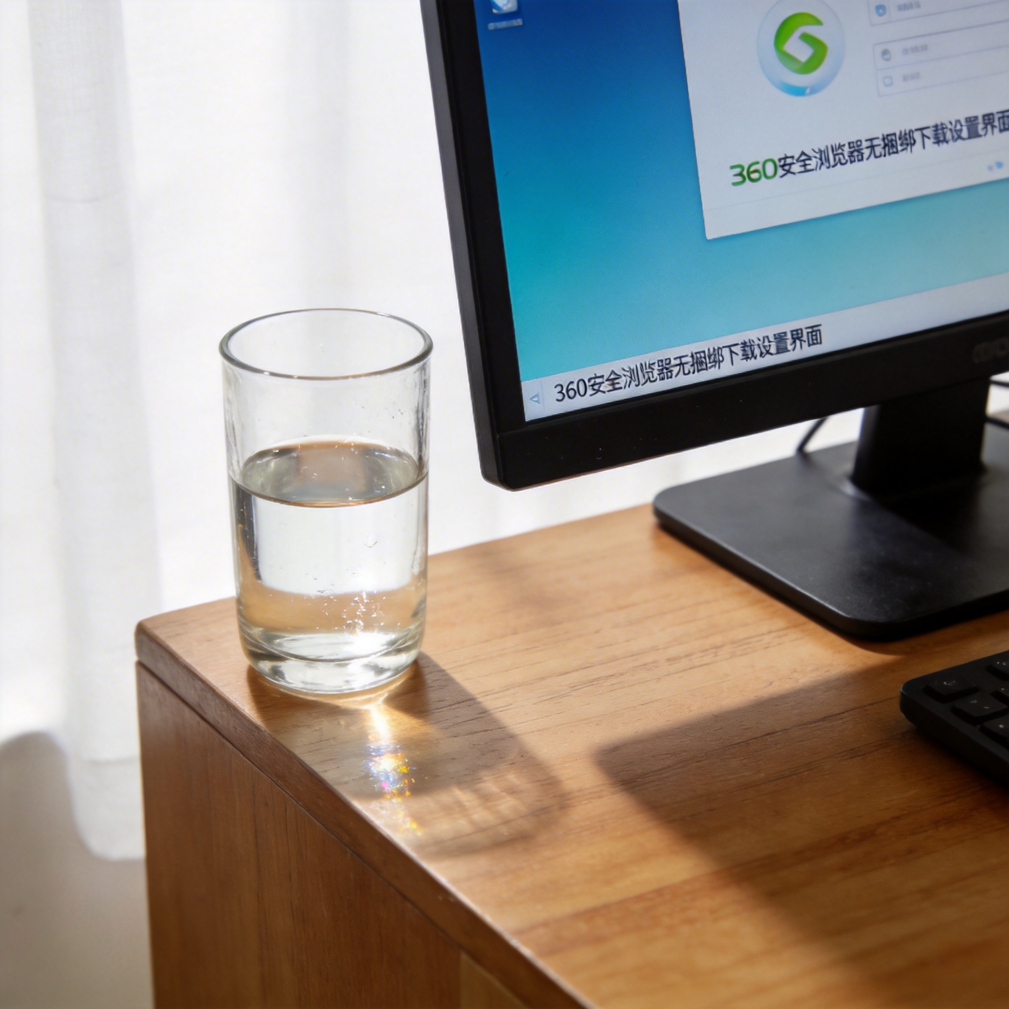 书桌上的主机，屏幕显示360 安全浏览器无捆绑下载设置界面，桌角放着水杯，自然光