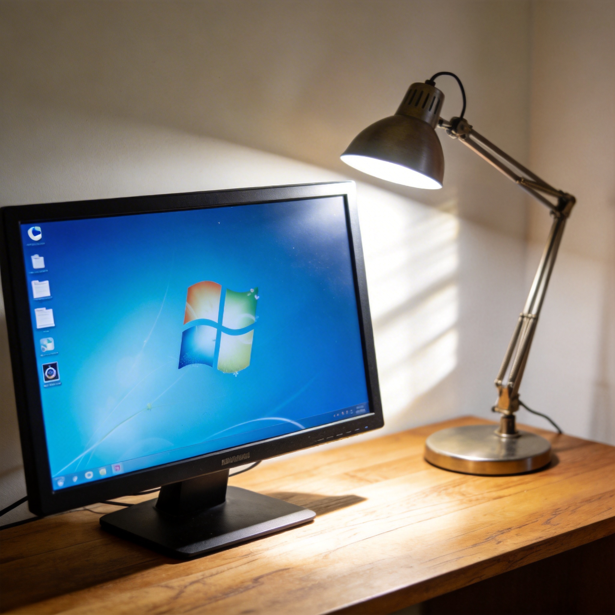 电脑桌上的电脑，屏幕显示Windows桌面，旁边放着台灯