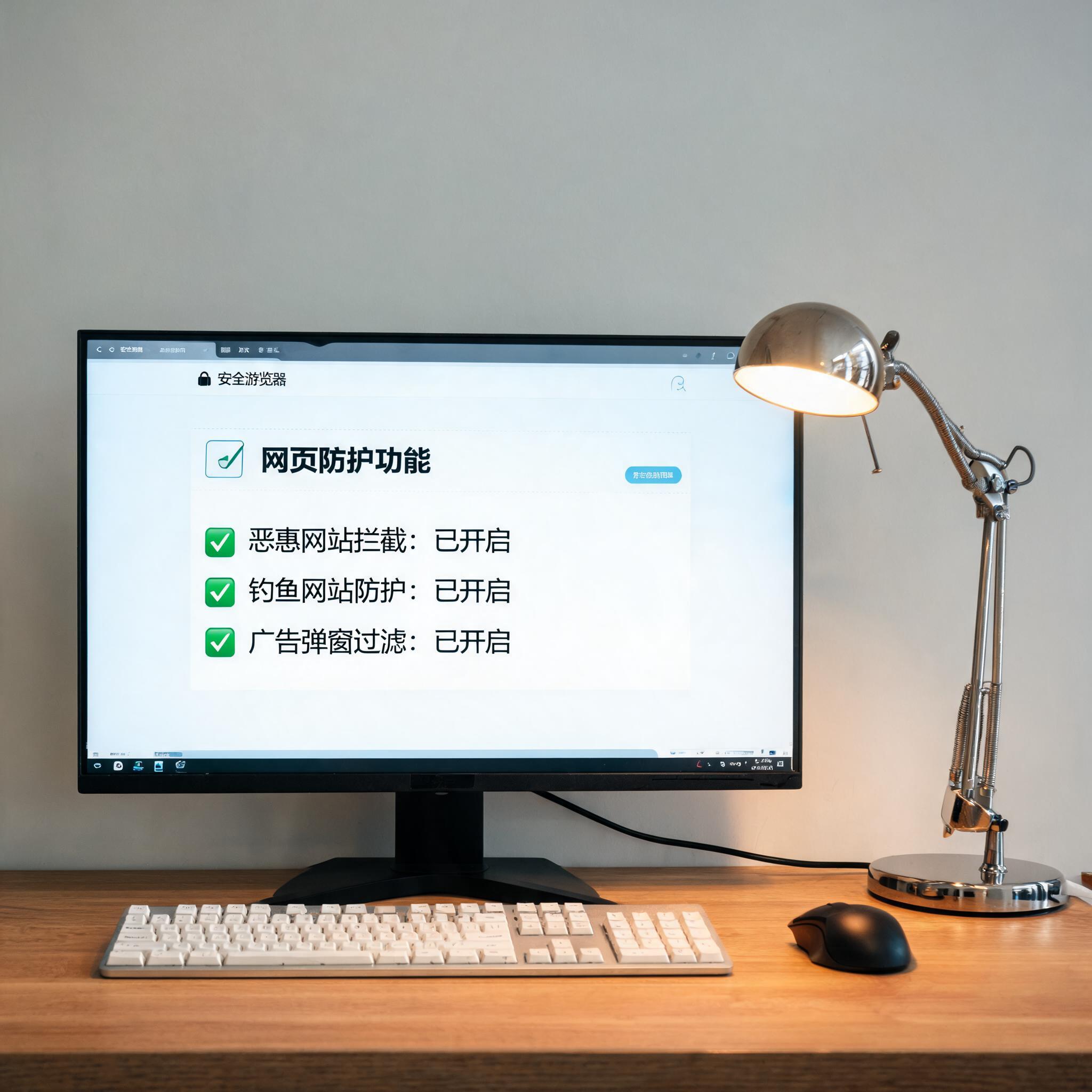 电脑桌上的电脑，屏幕显示安全浏览器网页防护功能界面，旁边放着台灯