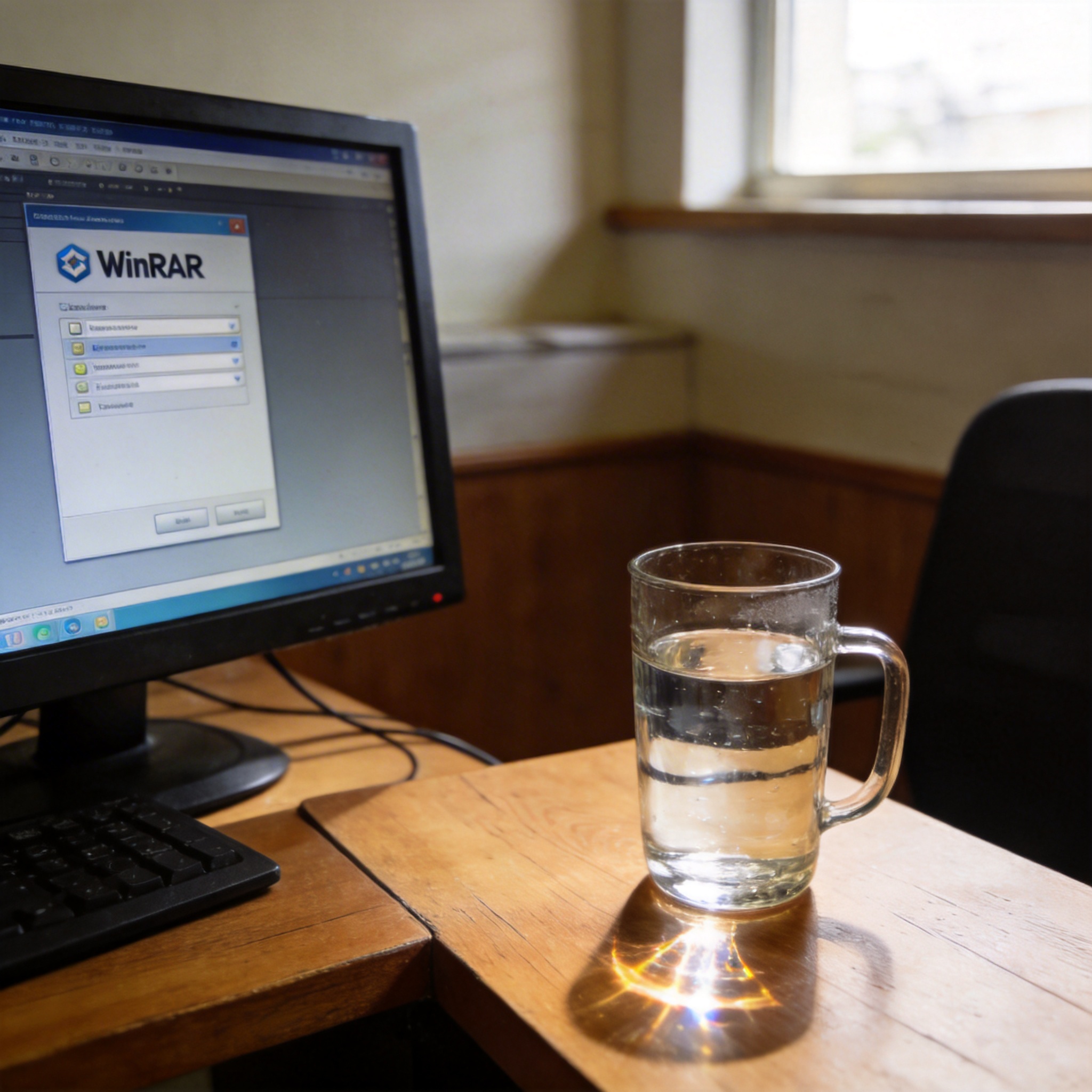 书桌上的电脑，屏幕显示winrar设置界面，桌角放着水杯，自然光