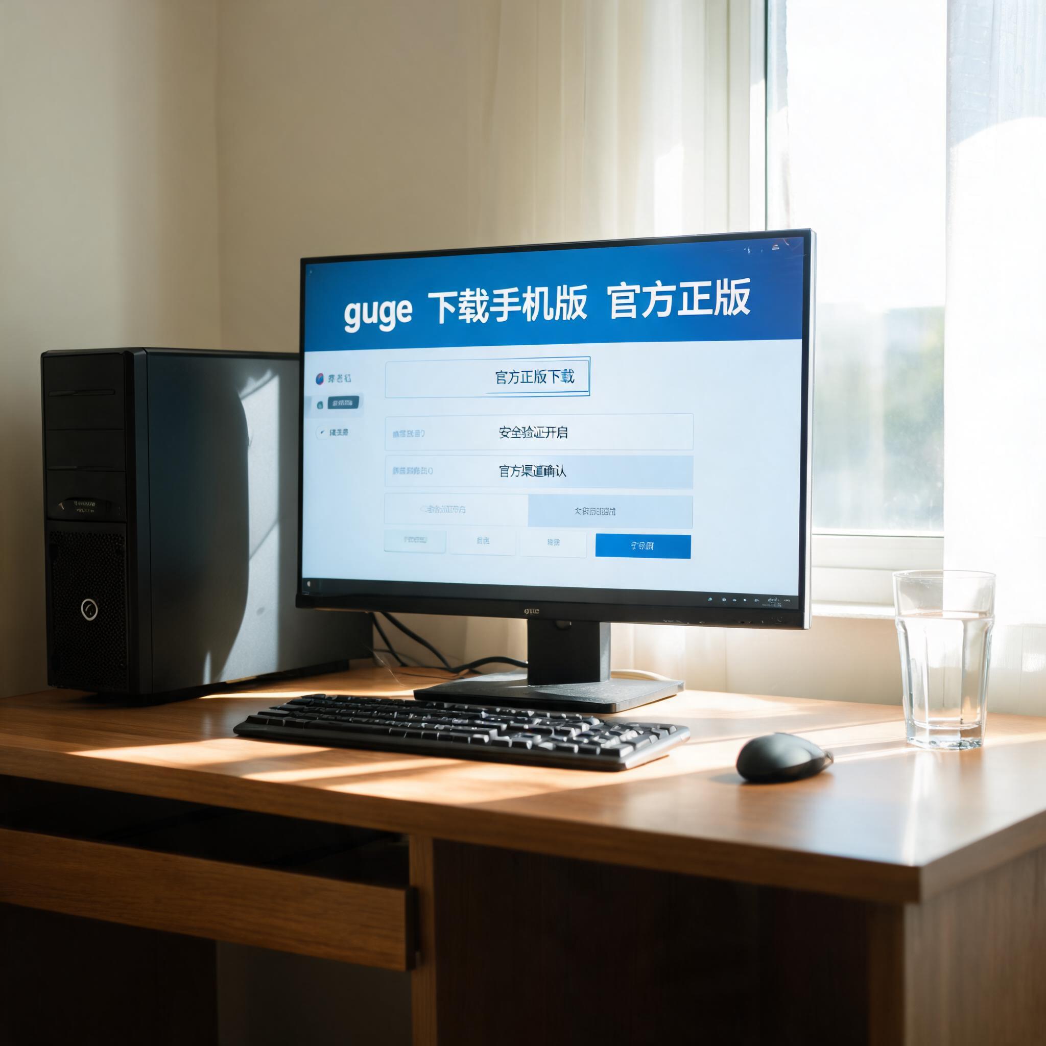 书桌上的主机，屏幕显示guge下载手机版官方正版设置界面，桌角放着水杯，自然光