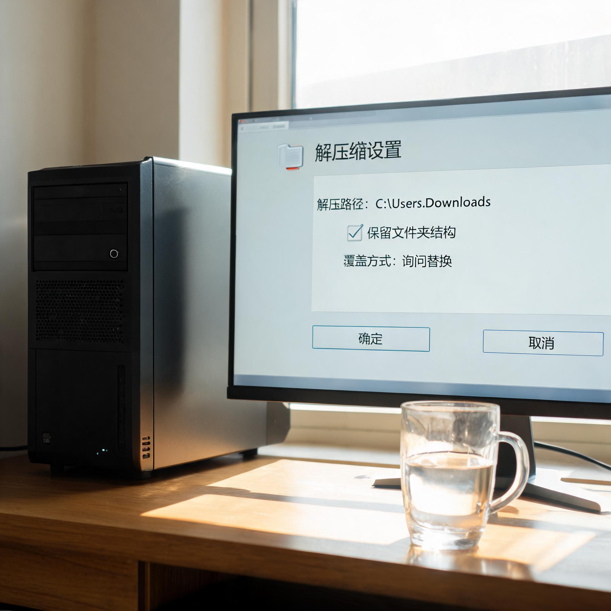 书桌上的主机，屏幕显示解压缩设置界面，桌角放着水杯，自然光