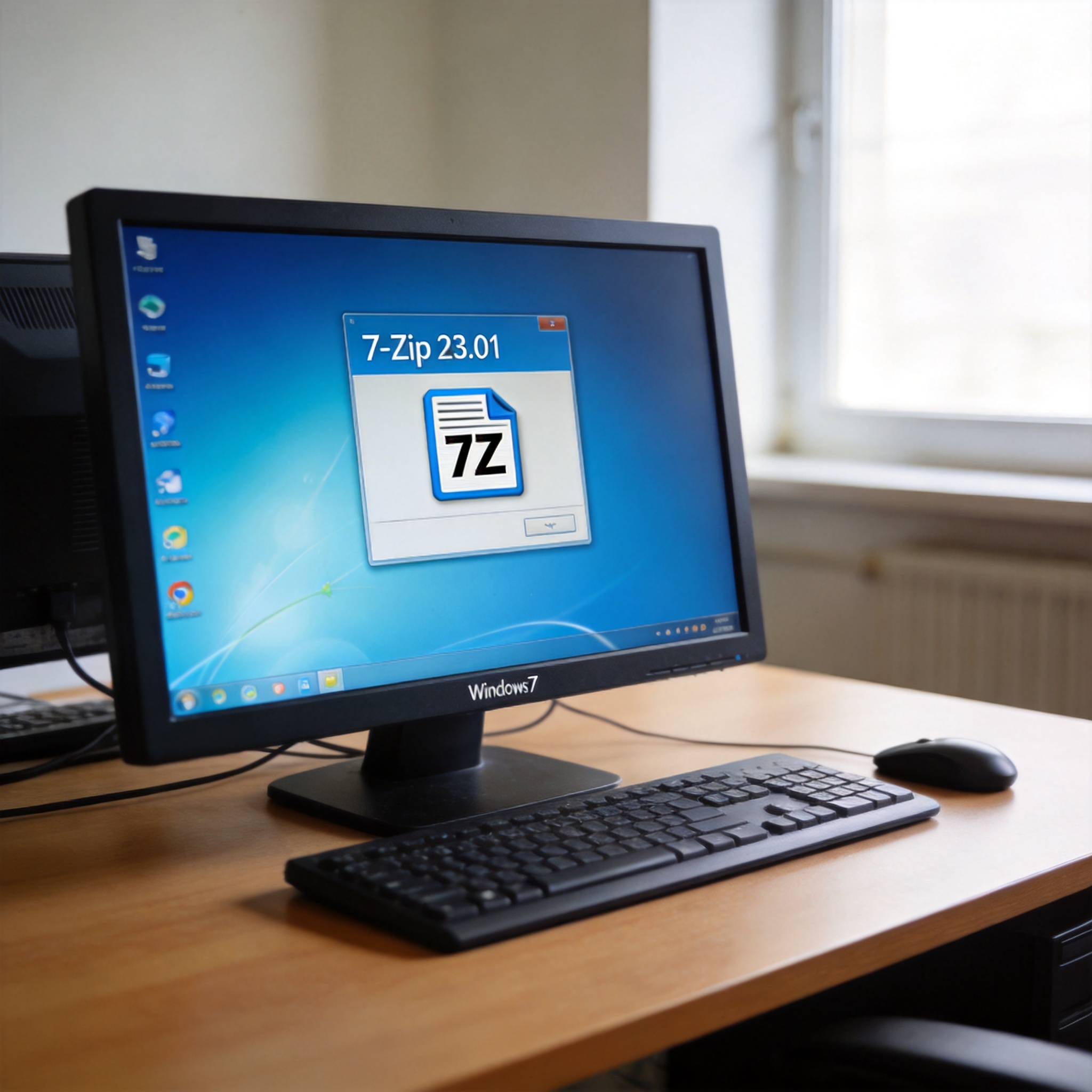 电脑桌的Windows7系统电脑，屏幕显示7Zip 23.01版本界面，桌面放着标注7Z格式的压缩包，室内自然光