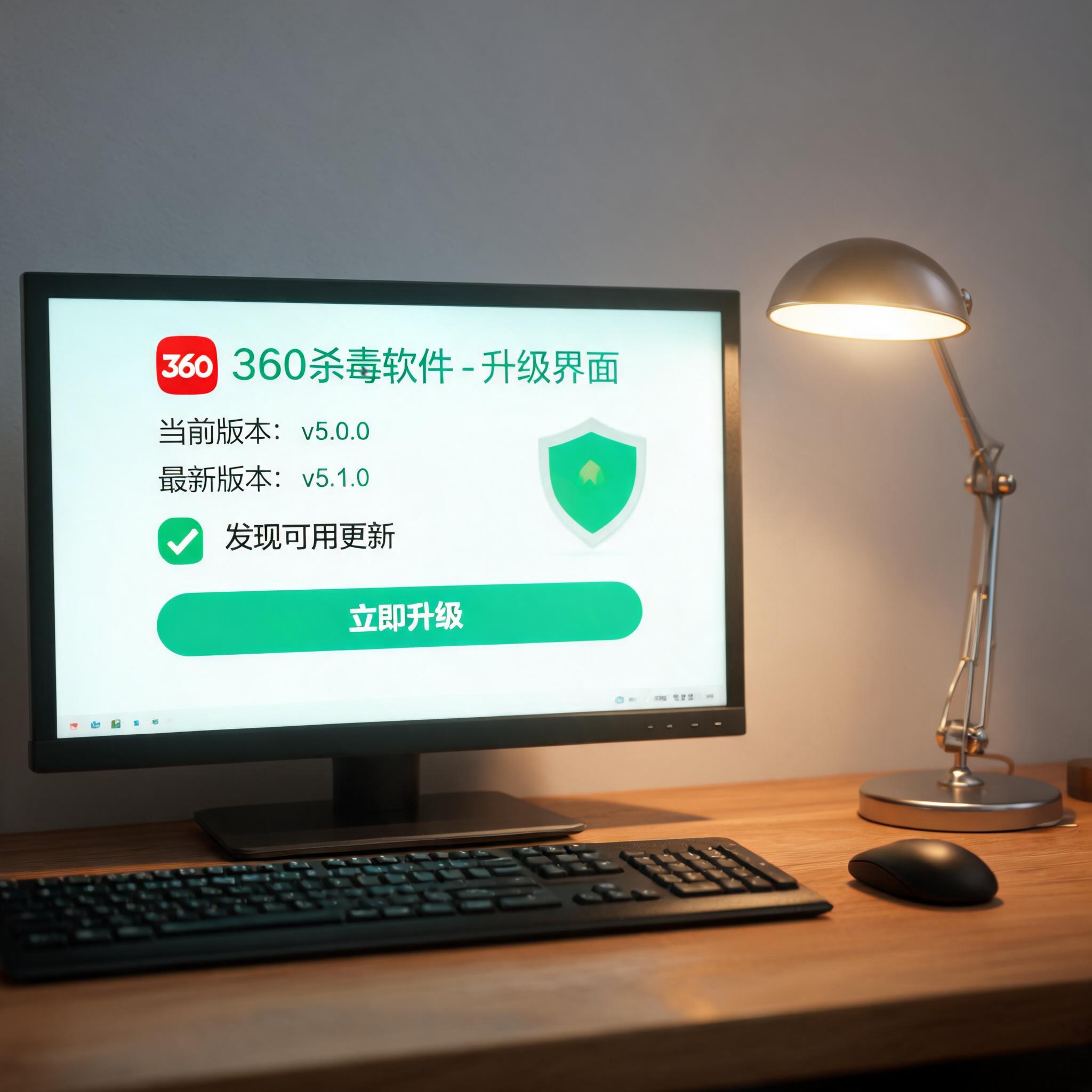 电脑桌上的电脑，屏幕显示360 杀毒软件如何升级界面，旁边放着台灯