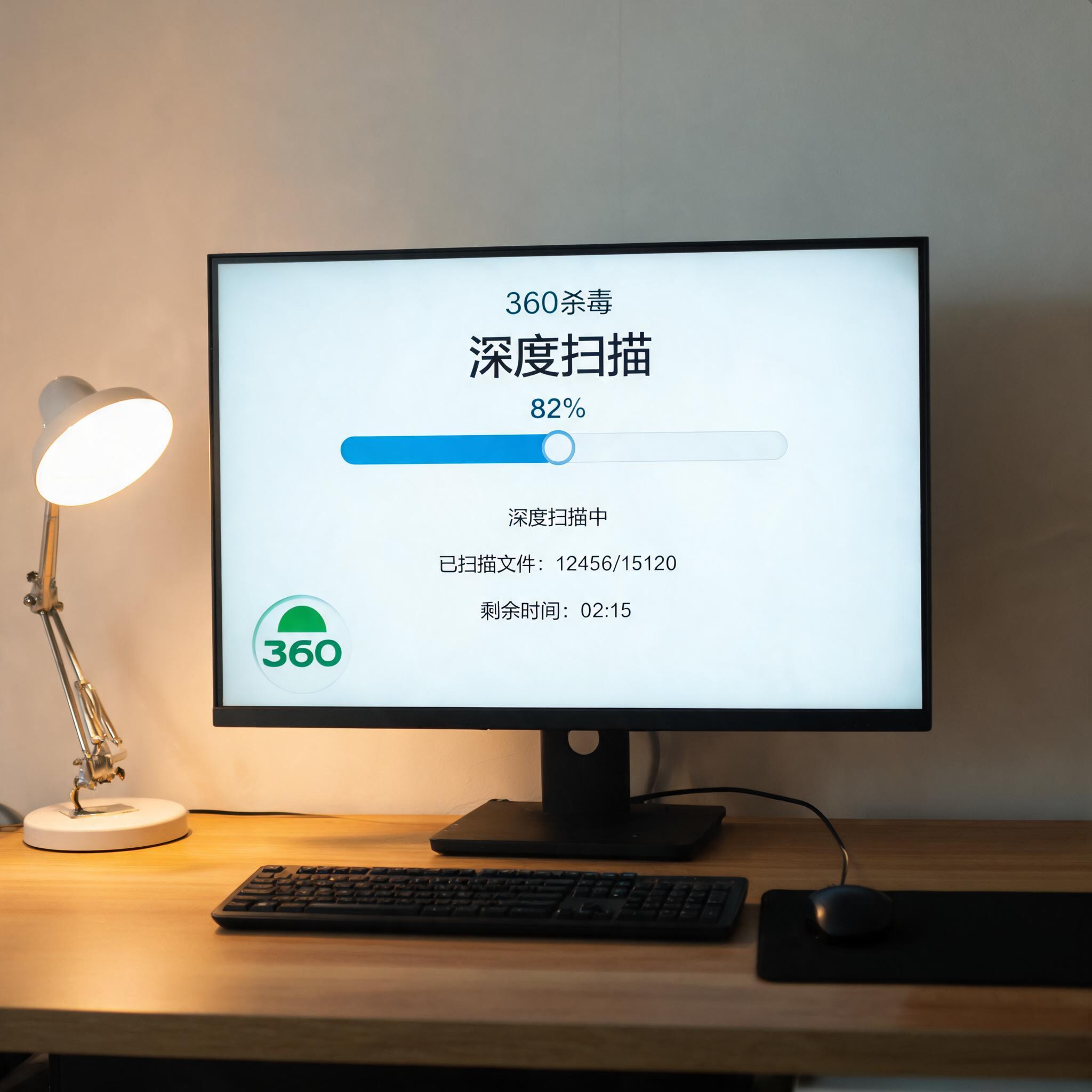 电脑桌上的电脑，屏幕显示360 杀毒软件深度扫描界面，旁边放着台灯